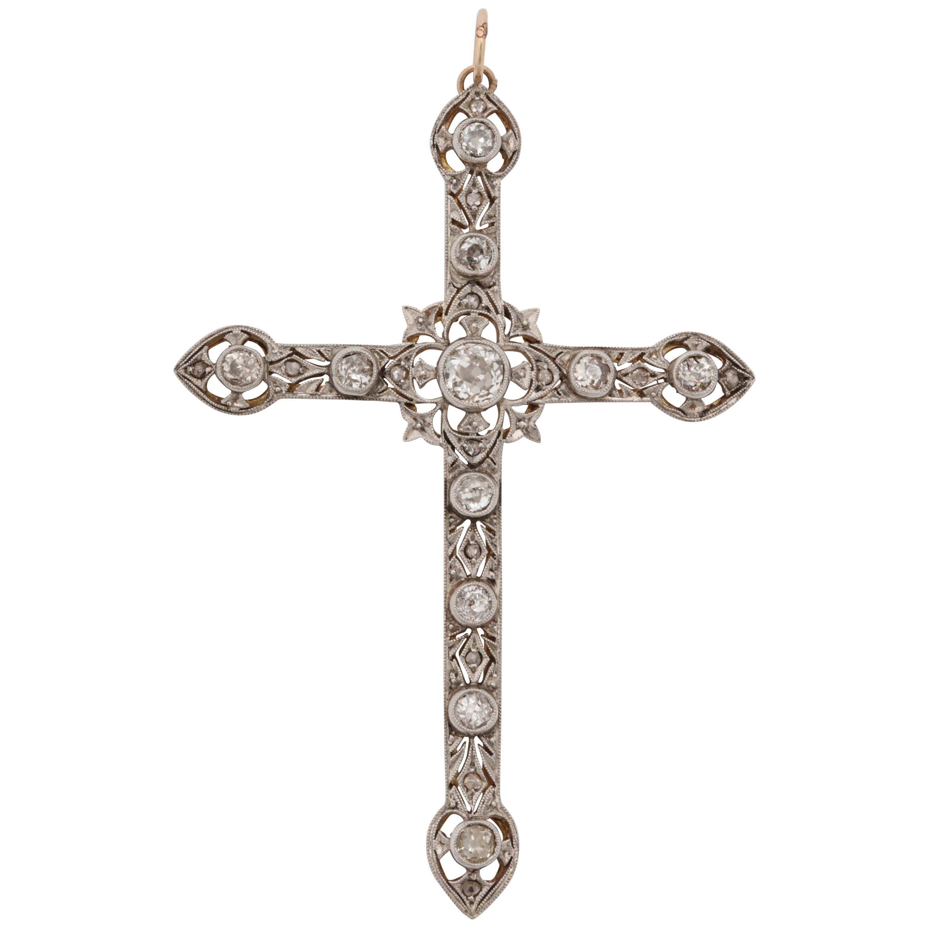Art Deco 1920s Diamond with Open Pierced Workmanship Gold and Platinum Cross For Sale