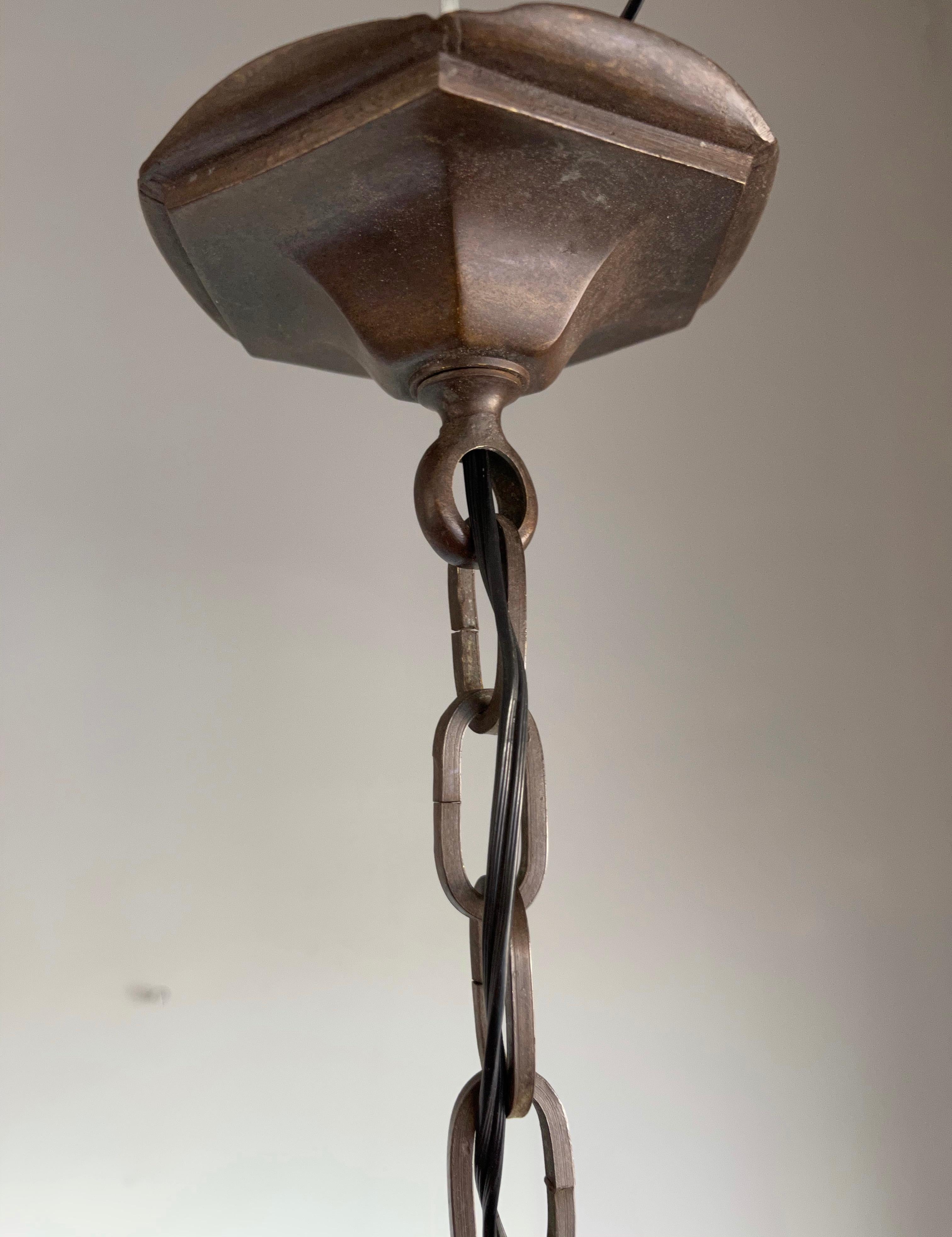 Art Deco Pendant / Lantern 1920s Fine Bronze Hexagonal Shape with Stunning Glass For Sale 6