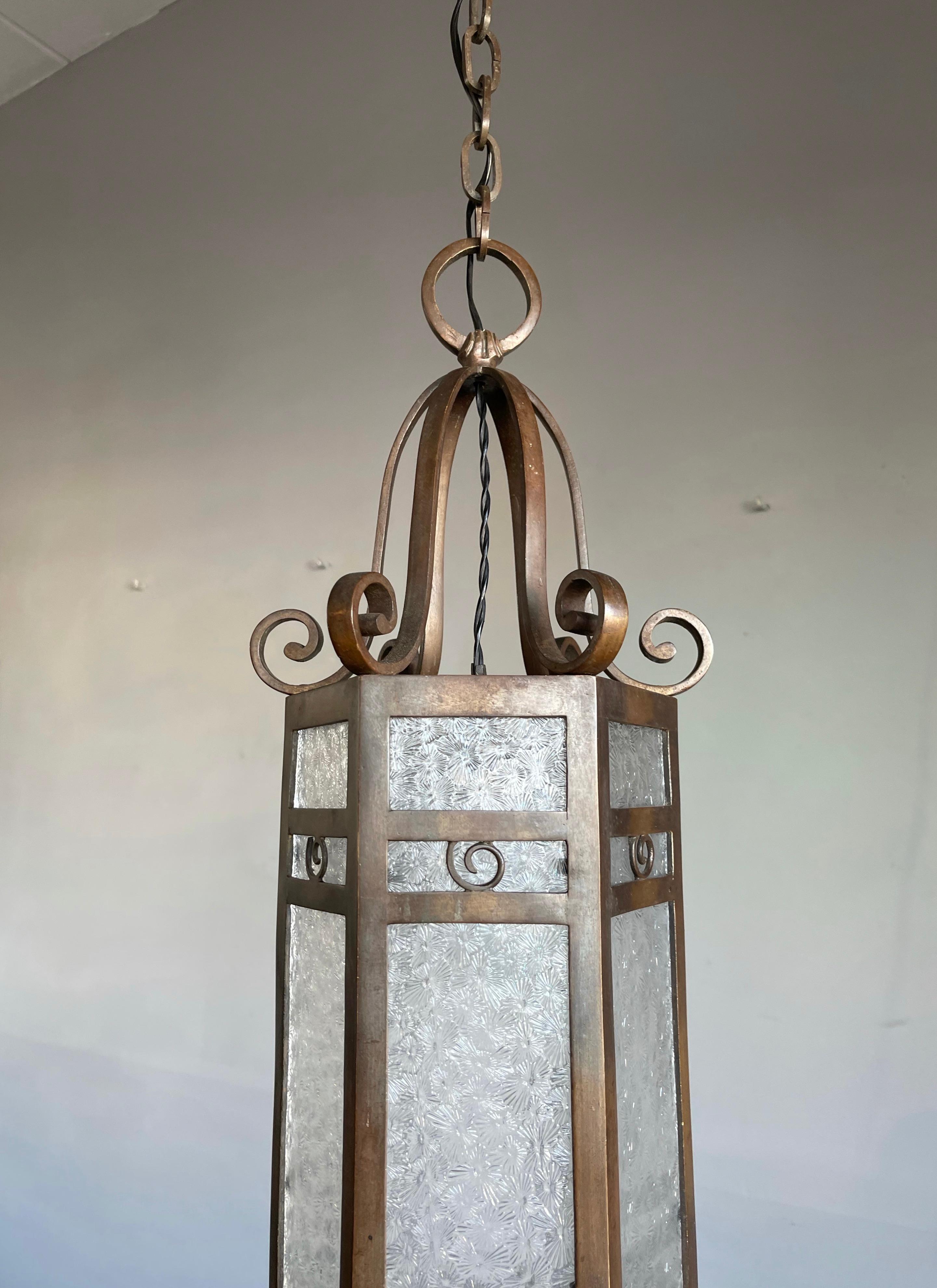 French Art Deco Pendant / Lantern 1920s Fine Bronze Hexagonal Shape with Stunning Glass For Sale