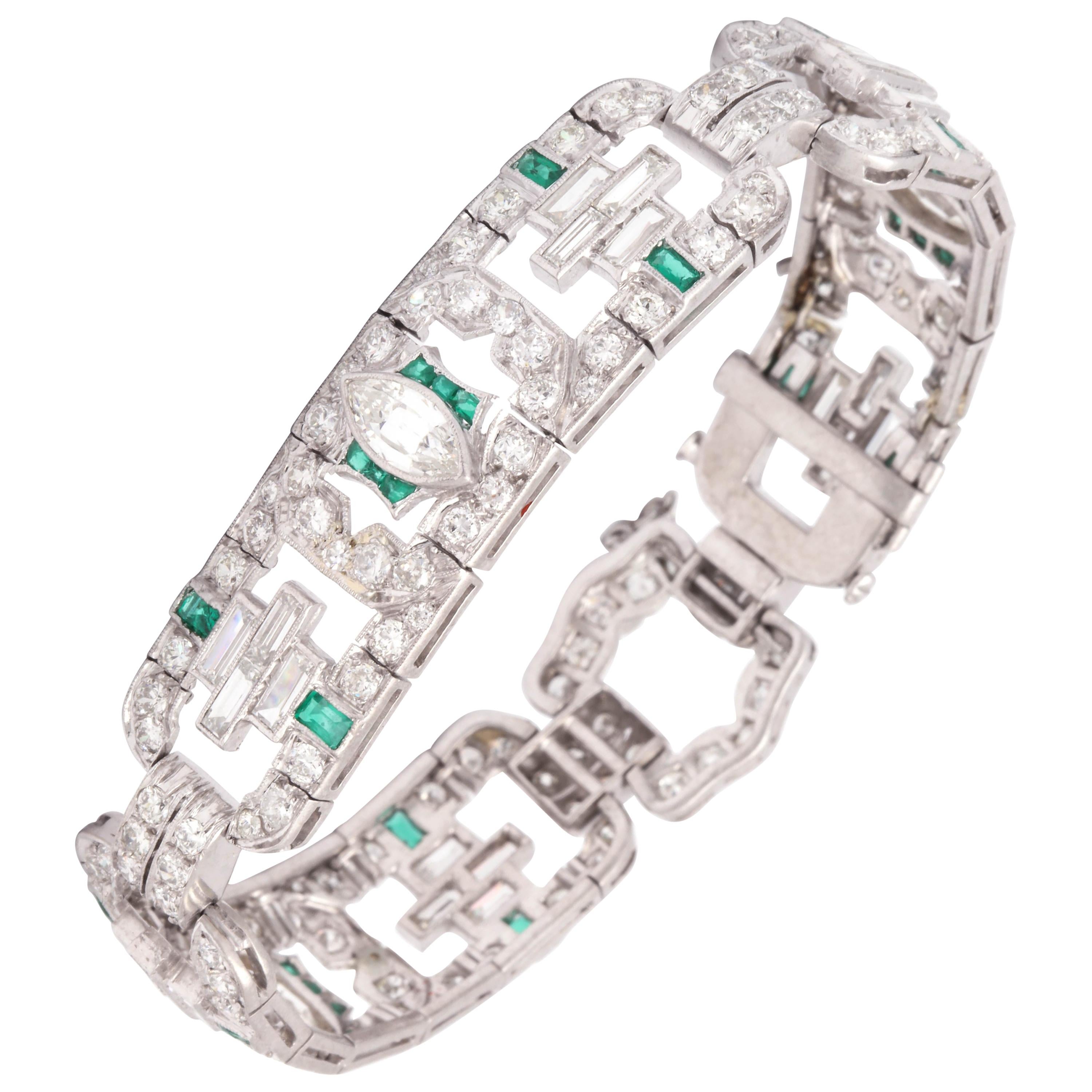 Art Deco 1920s Flexible Emerald with Diamonds Platinum Open Link Bracelet