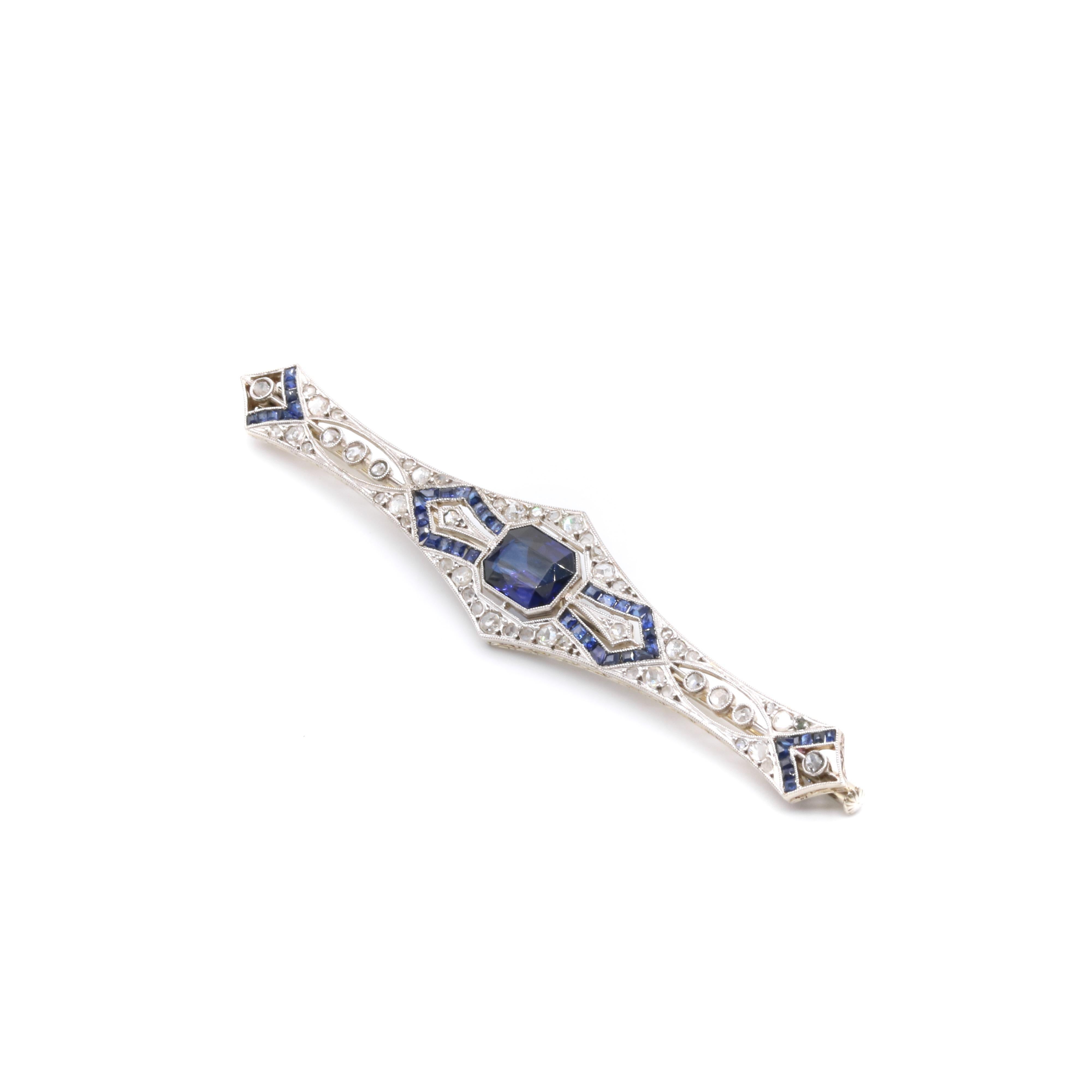 Art Deco 1920s French 18K Gold and Platinum 1.63tgw Sapphire and Diamond Brooch 1