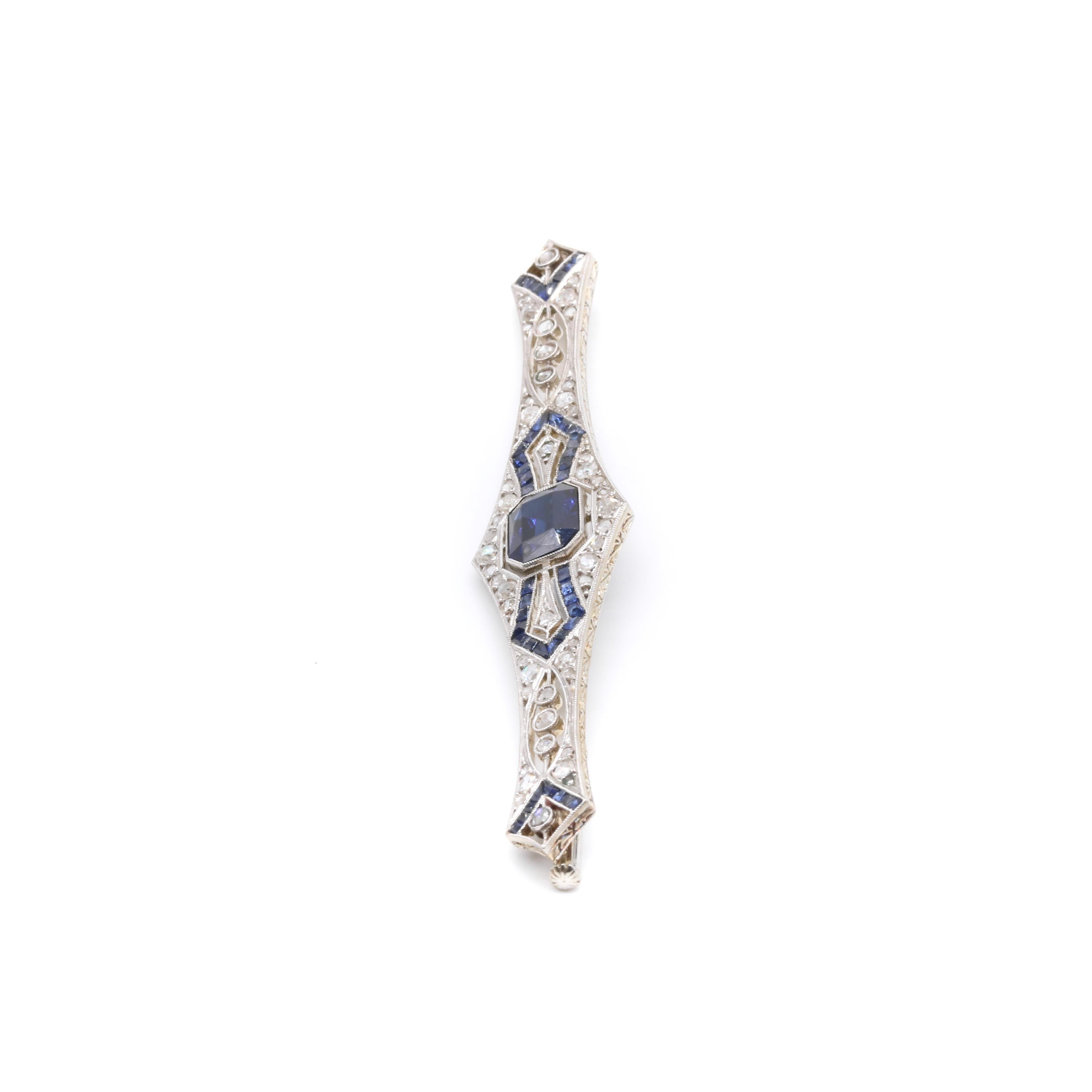 Art Deco 1920s French 18K Gold and Platinum 1.63tgw Sapphire and Diamond Brooch 2
