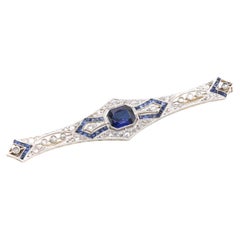Antique Art Deco 1920s French 18K Gold and Platinum 1.63tgw Sapphire and Diamond Brooch