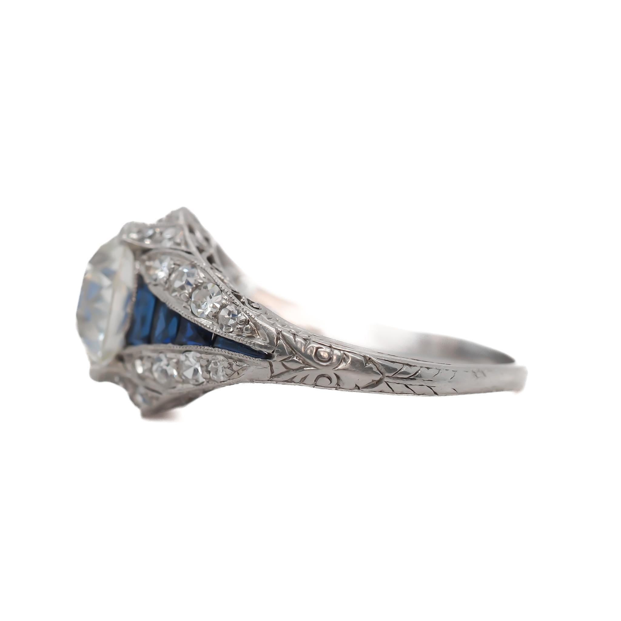 Old European Cut Art Deco 1920s GIA 2.70ct Old European Diamond and Sapphire Engagement Ring For Sale
