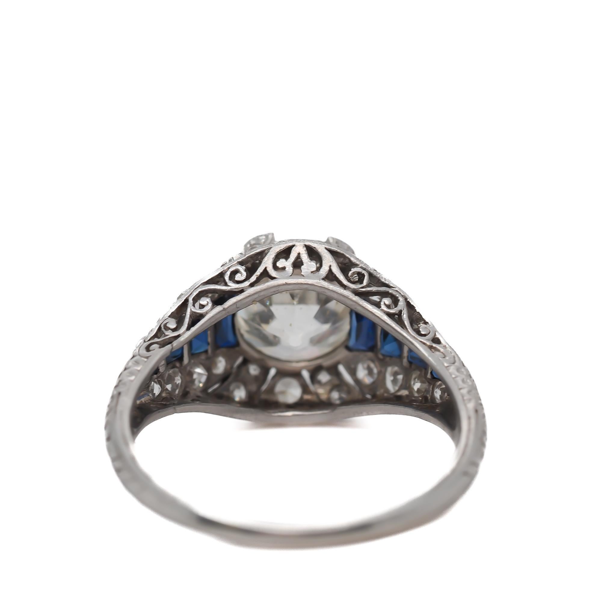Art Deco 1920s GIA 2.70ct Old European Diamond and Sapphire Engagement Ring In Good Condition For Sale In Hicksville, NY