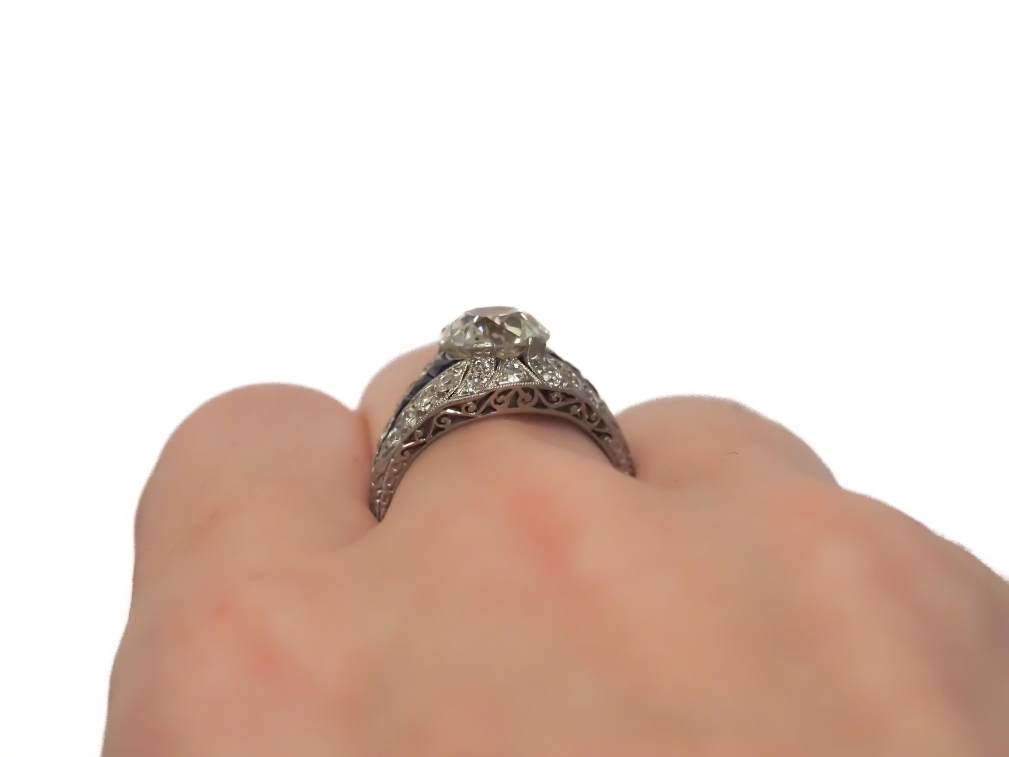 Art Deco 1920s GIA 2.70ct Old European Diamond and Sapphire Engagement Ring For Sale 1