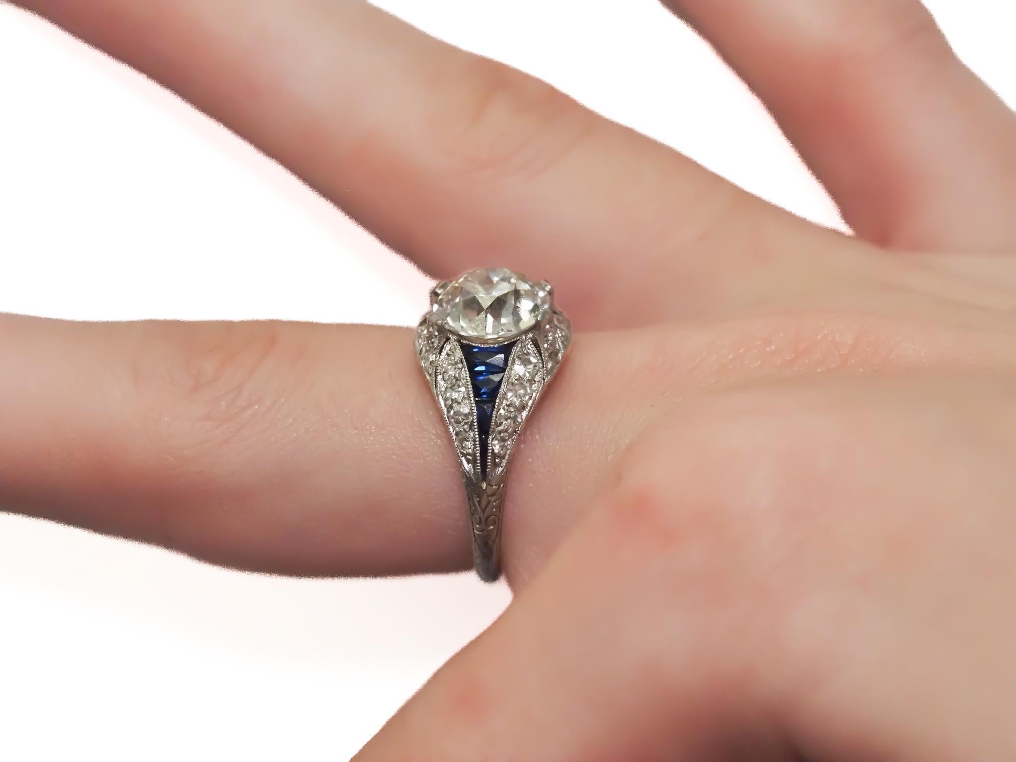 Art Deco 1920s GIA 2.70ct Old European Diamond and Sapphire Engagement Ring For Sale 3