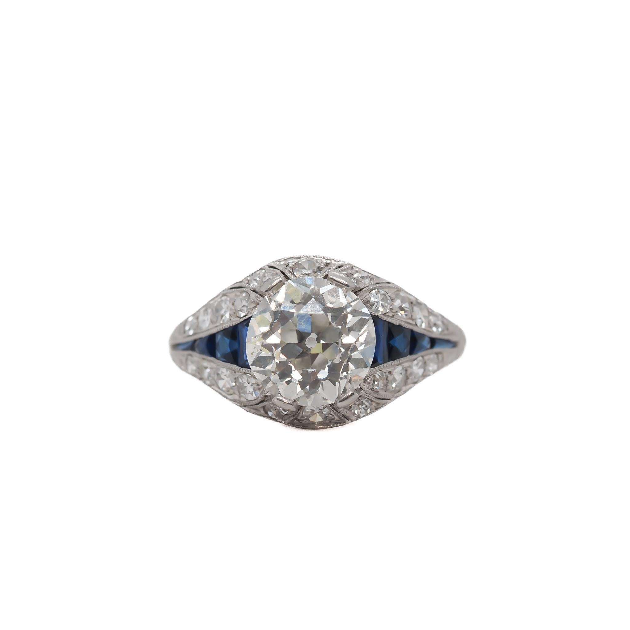 Art Deco 1920s GIA 2.70ct Old European Diamond and Sapphire Engagement Ring