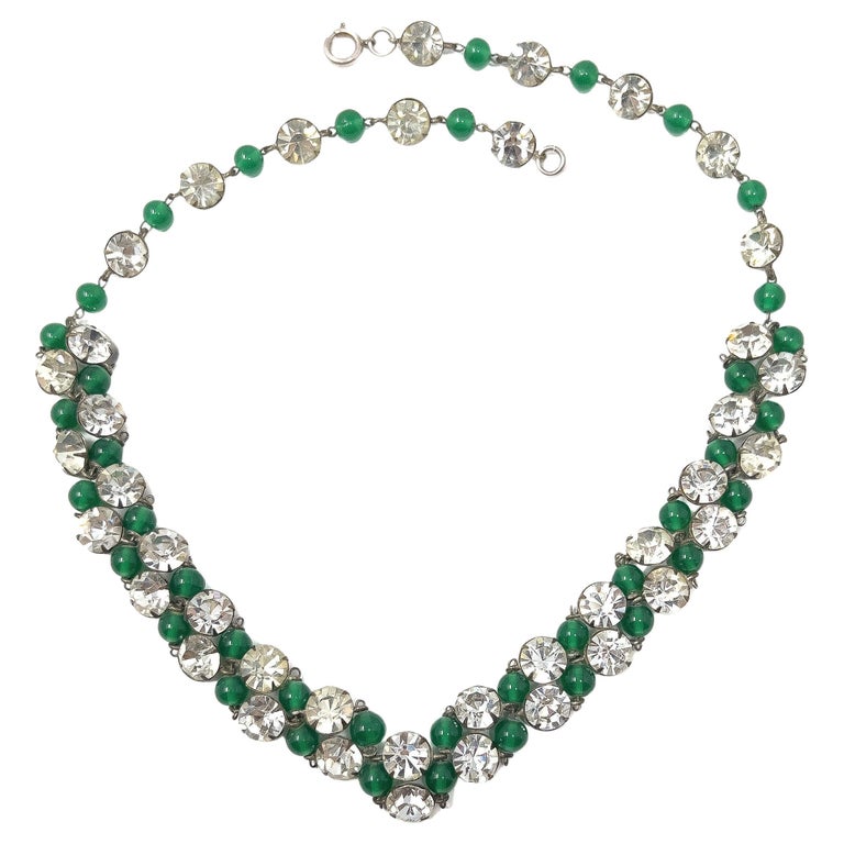 Art Deco 1920s Green Glass and Paste Vintage Necklace For Sale at 