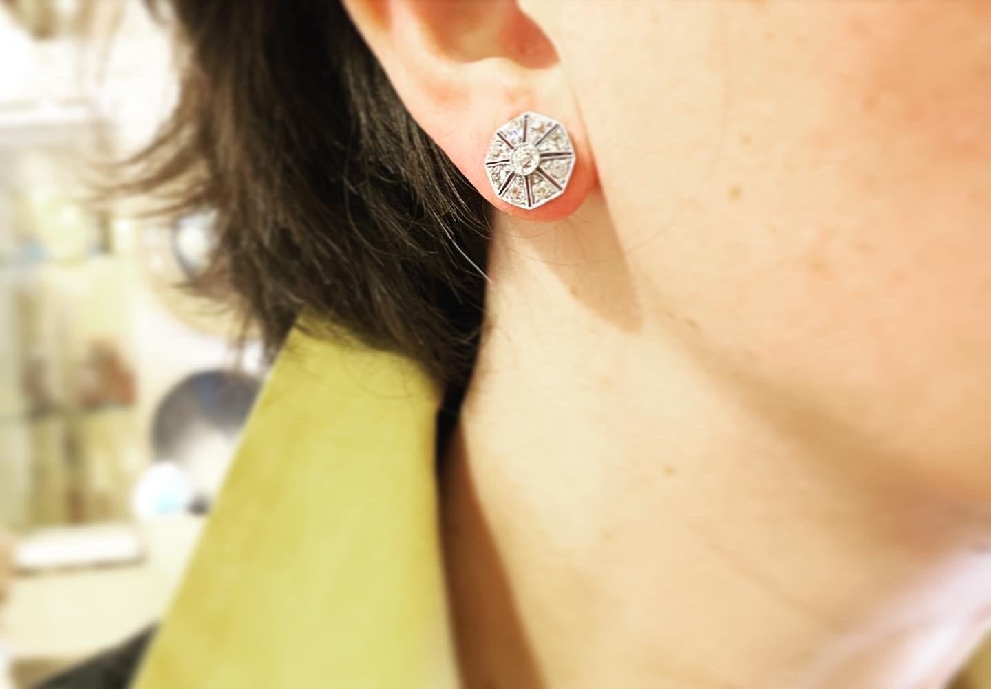 Women's or Men's Art Deco 1920s Hexagonal Diamond Platinum Stud Earrings