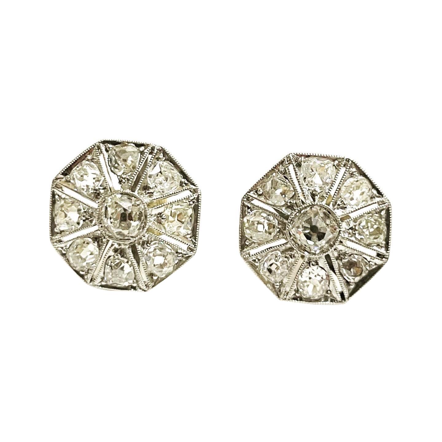 Art Deco 1920s Hexagonal Diamond Platinum Stud Earrings