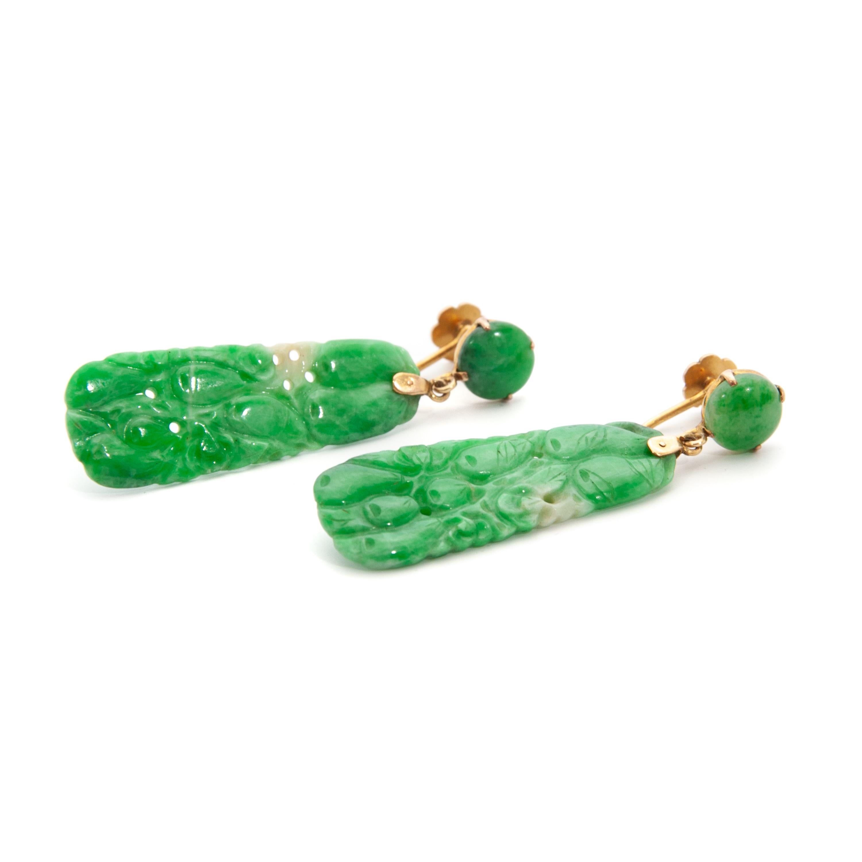 Art Deco Jadeite Jade 14K Gold Dangle Earrings, Certified Untreated For Sale