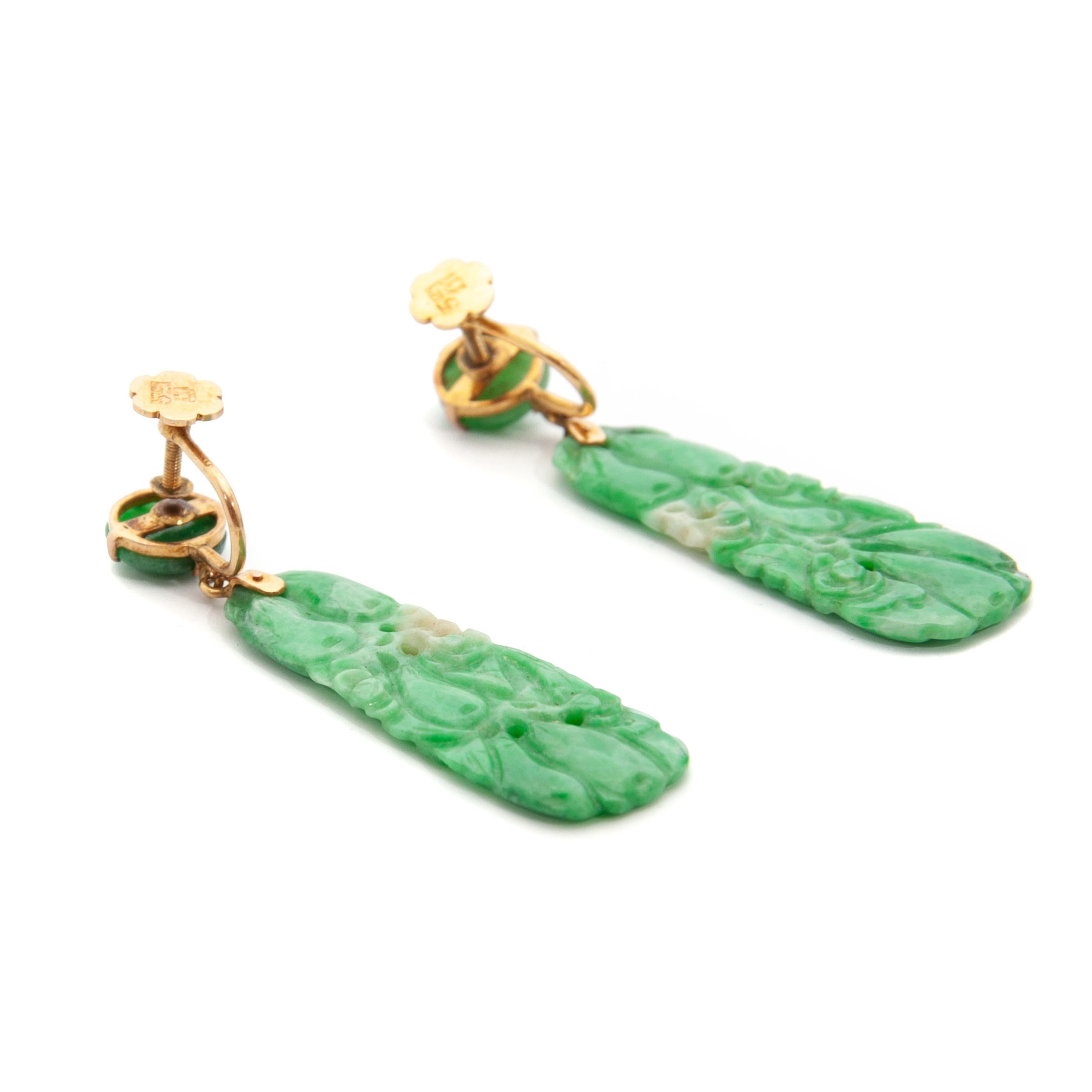 Baguette Cut Jadeite Jade 14K Gold Dangle Earrings, Certified Untreated For Sale