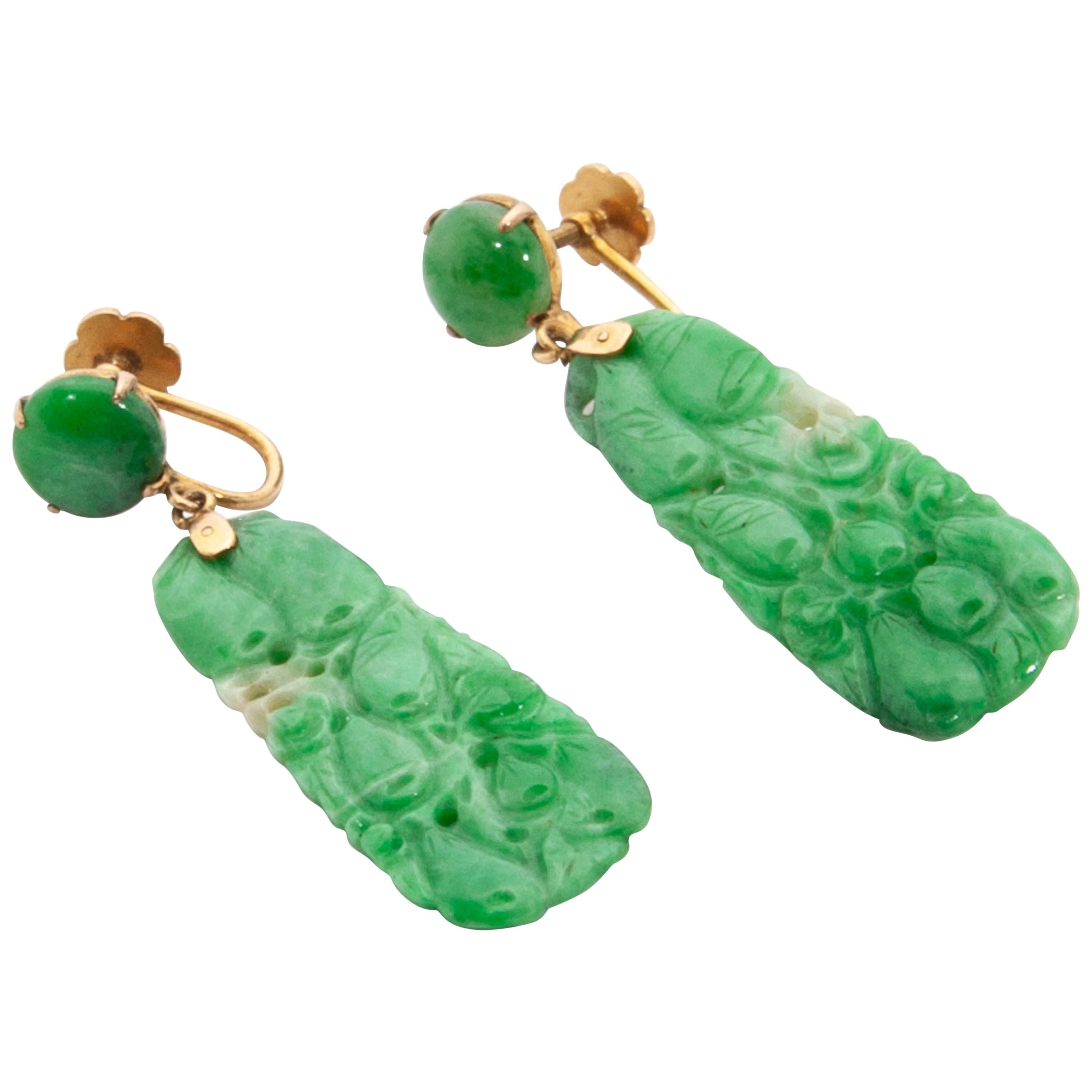 Jadeite Jade 14K Gold Dangle Earrings, Certified Untreated For Sale