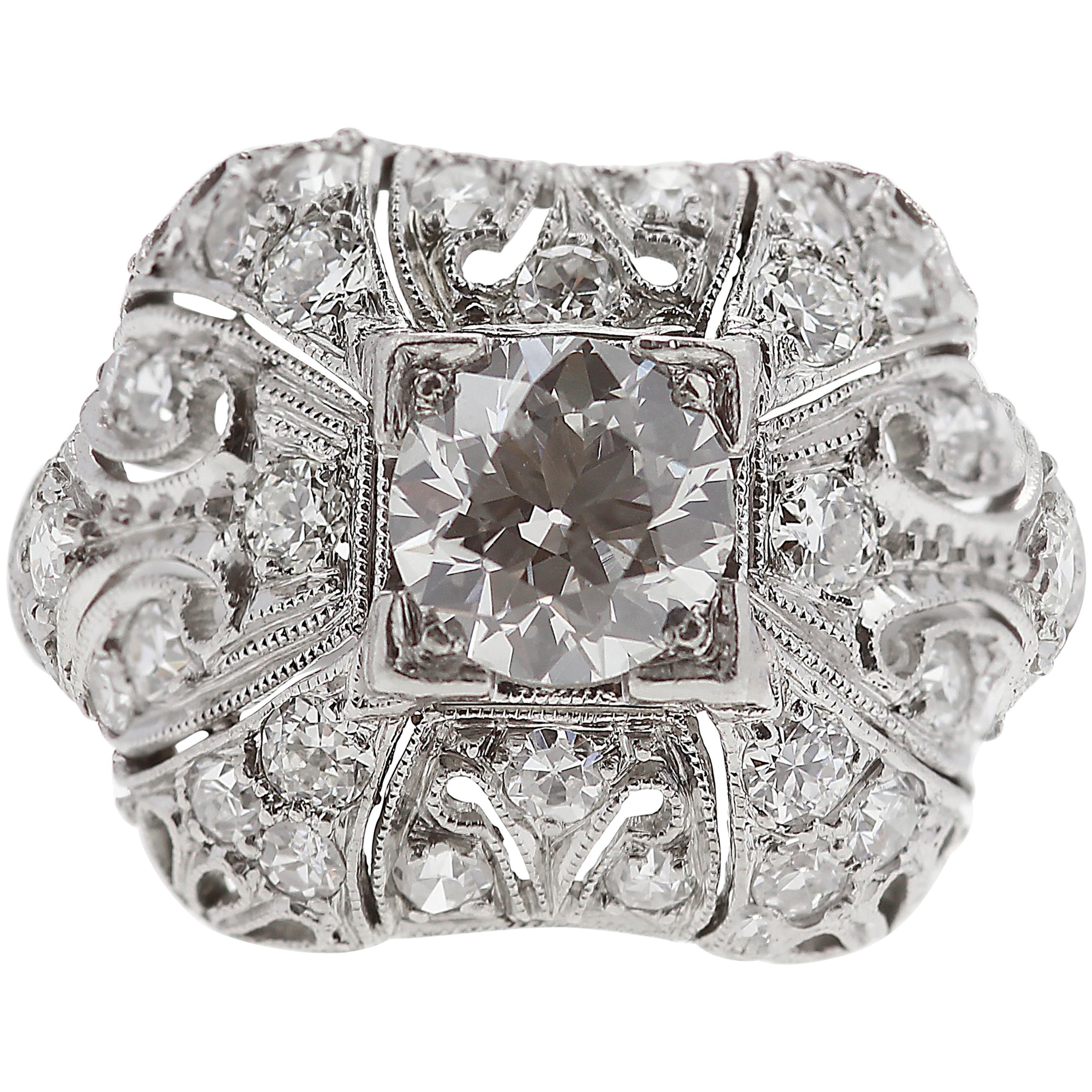 Art Deco 1920s Old European Cut Diamond Ring Set in Platinum