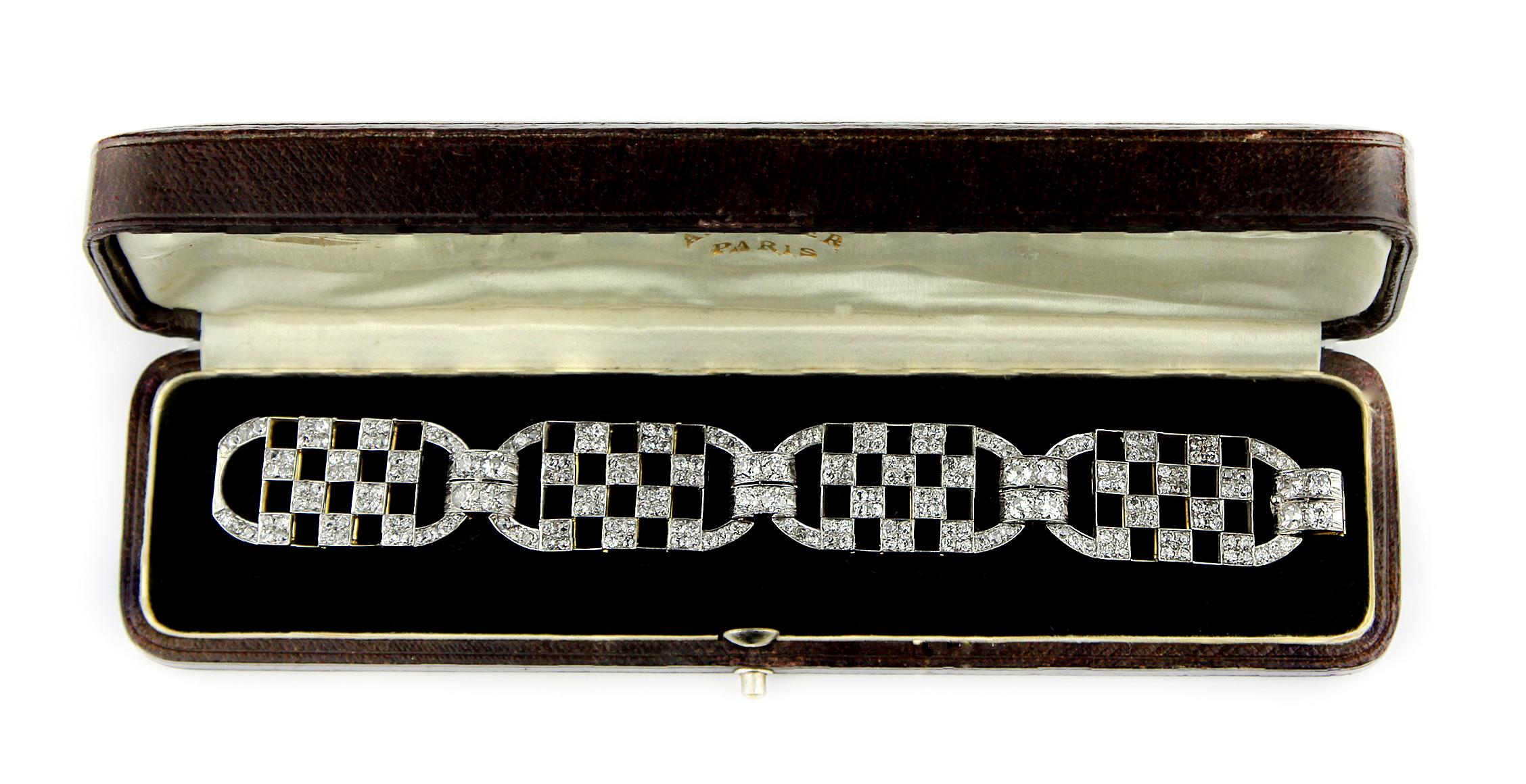 Art Deco 1920s Old European Cut Diamonds Wide Chequered Bracelet, France Origin 6