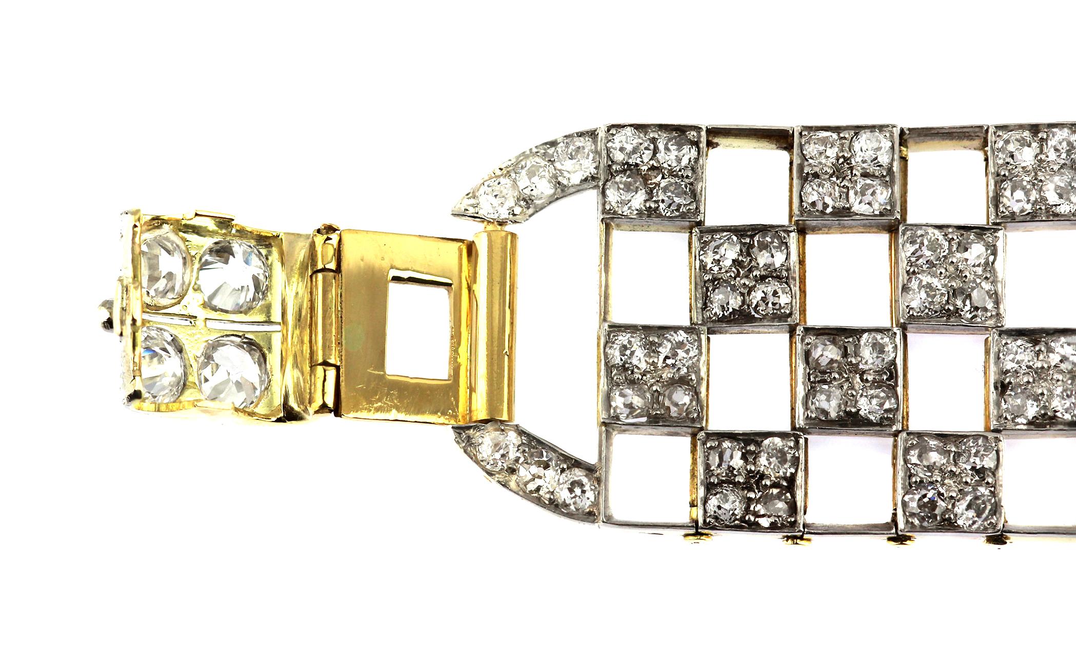 Art Deco 1920s Old European Cut Diamonds Wide Chequered Bracelet, France Origin 3