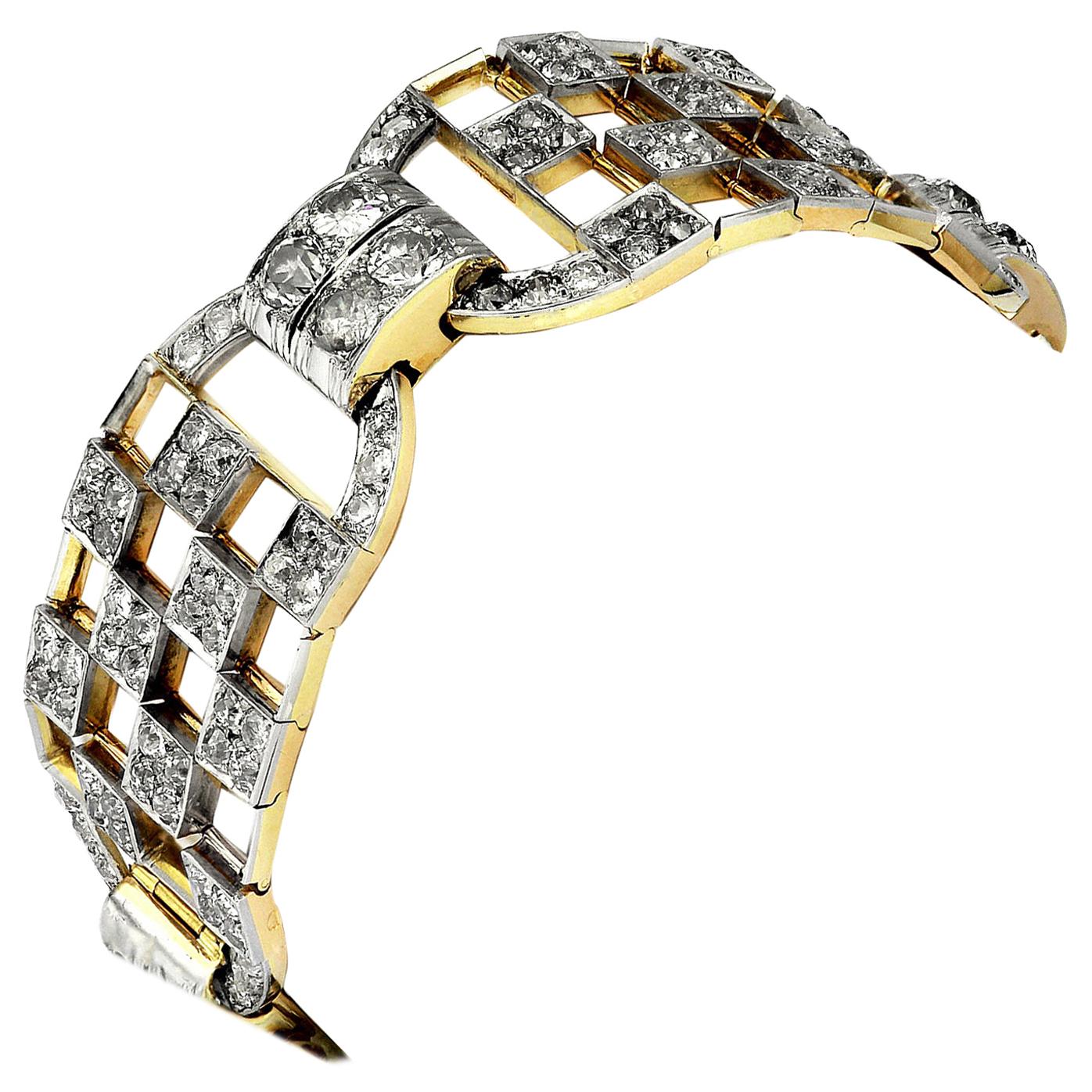 Art Deco 1920s Old European Cut Diamonds Wide Chequered Bracelet, France Origin