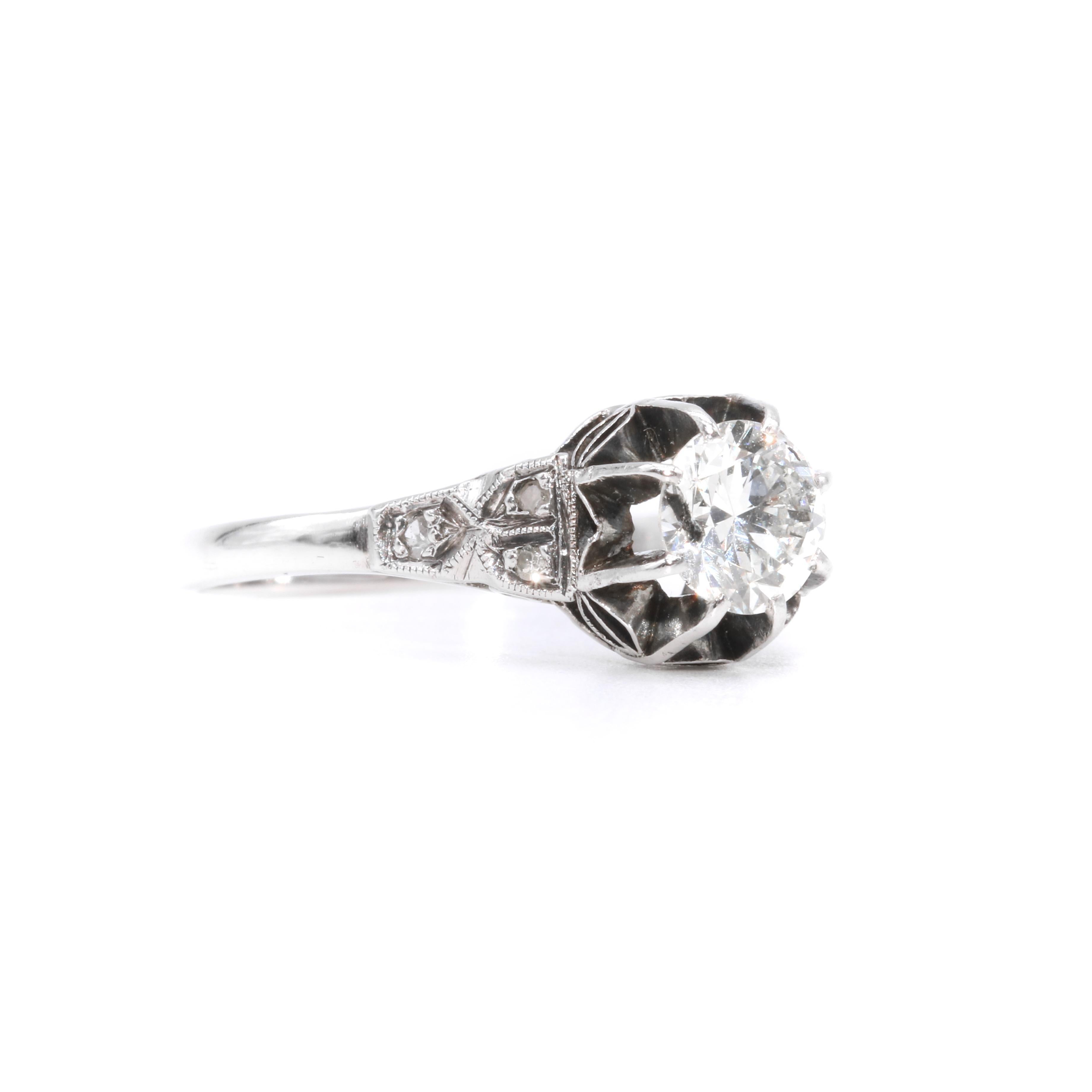 Women's or Men's Art Deco 1920s Platinum 0.78ctw Diamond Solitaire Ring with Diamond Shoulders For Sale