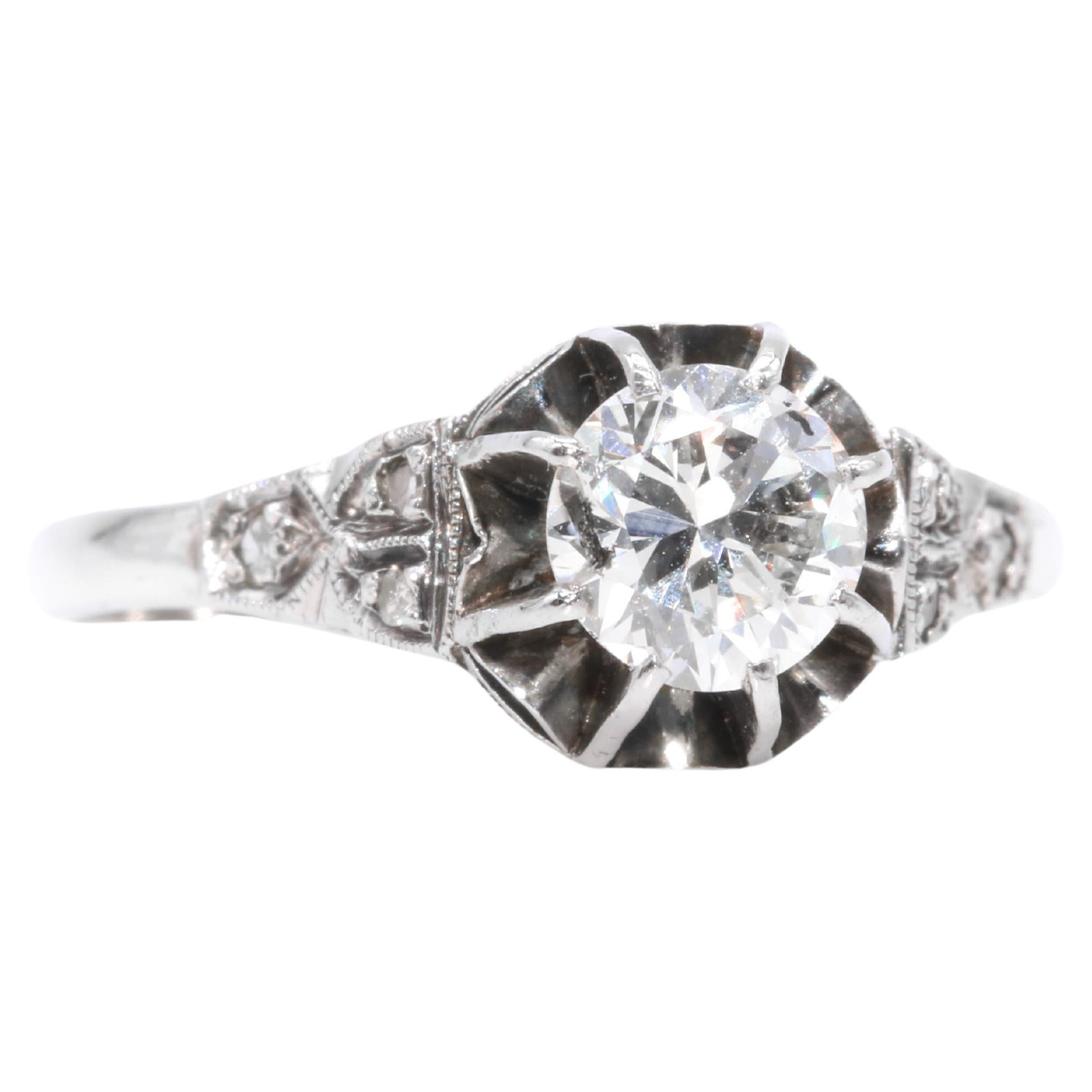 Art Deco 1920s Platinum 0.78ctw Diamond Solitaire Ring with Diamond Shoulders