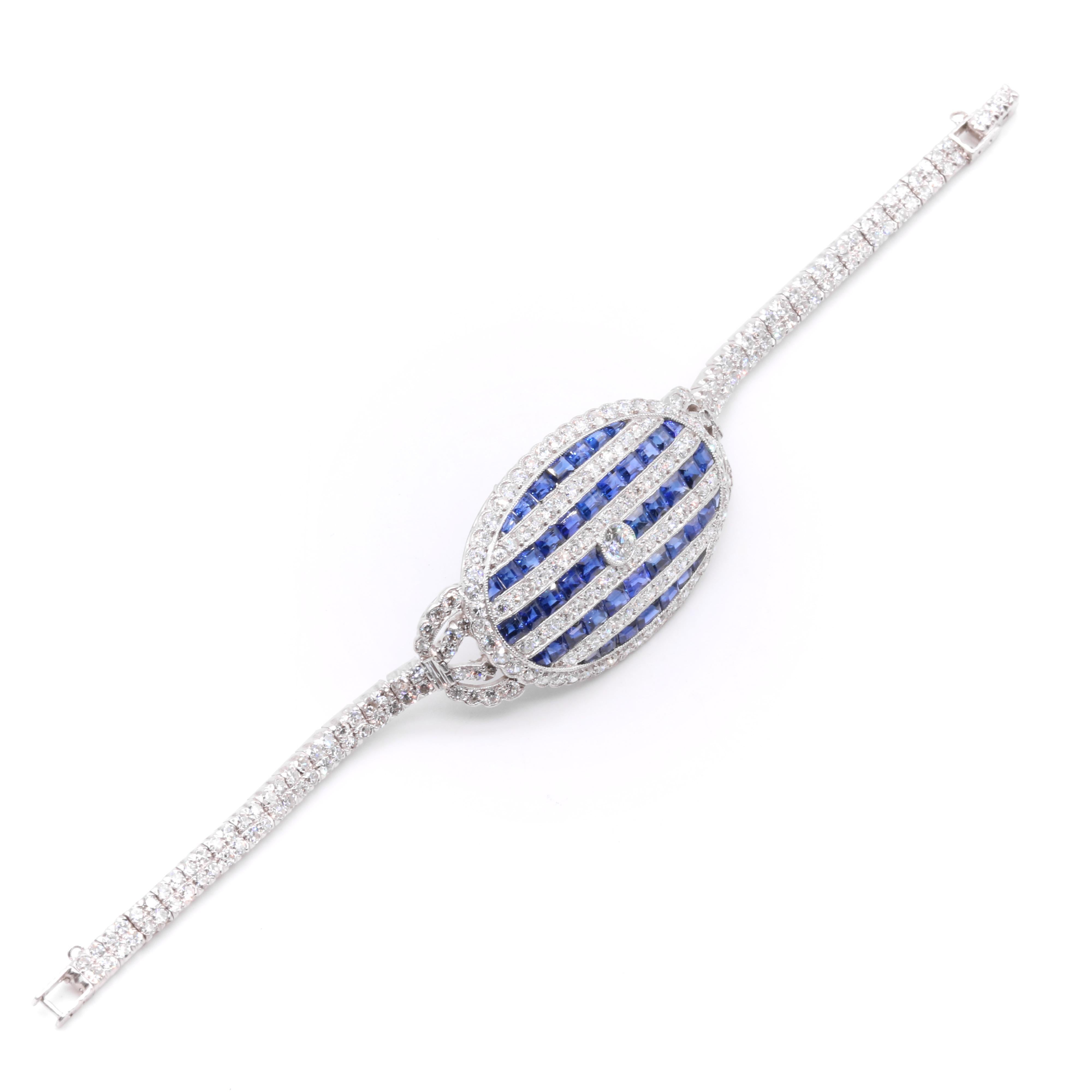 Art Deco 1920s Platinum & 14K Gold 6.5tgw Diamond & Sapphire Panel Bracelet In Good Condition For Sale In Staines-Upon-Thames, GB