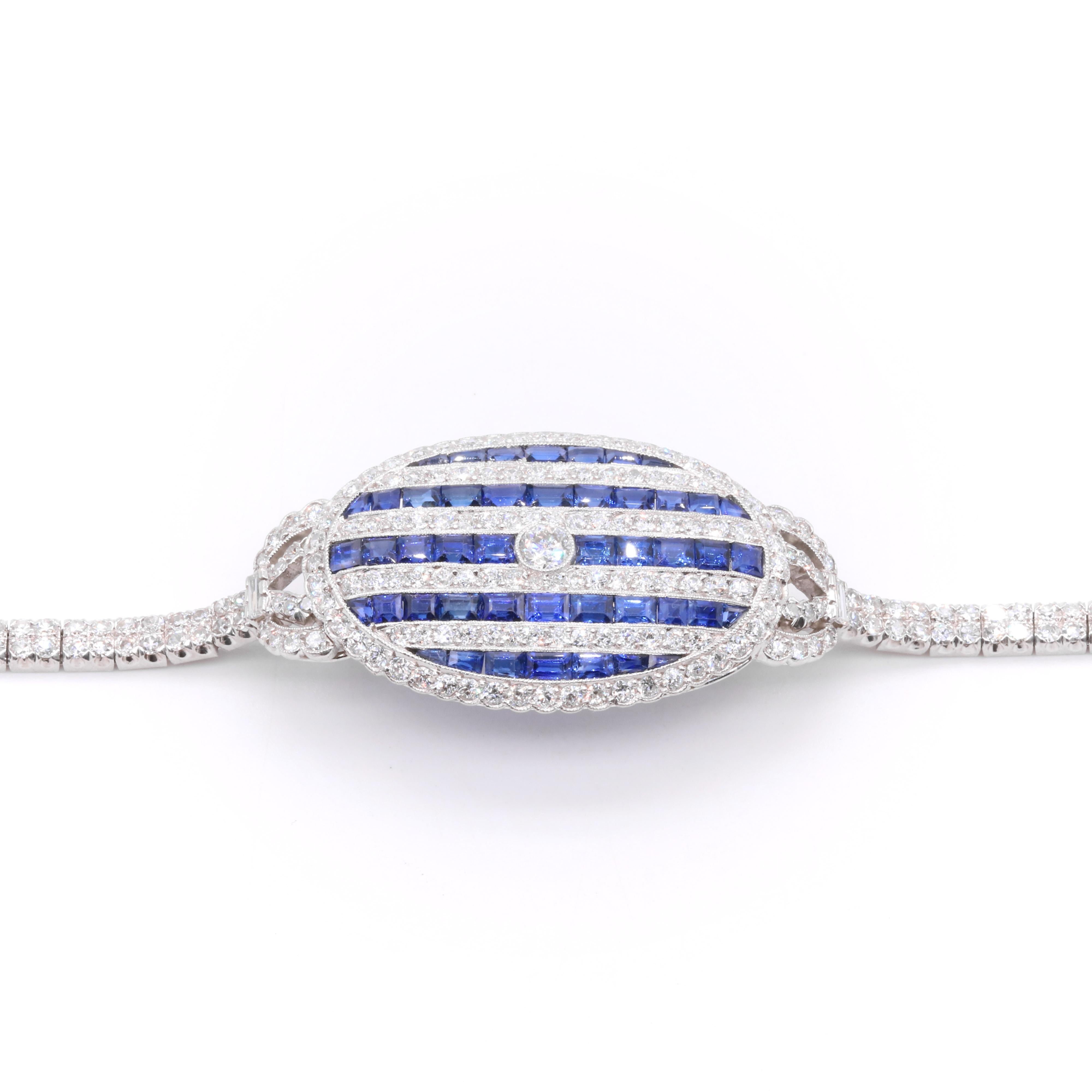 Art Deco 1920s Platinum & 14K Gold 6.5tgw Diamond & Sapphire Panel Bracelet For Sale 1