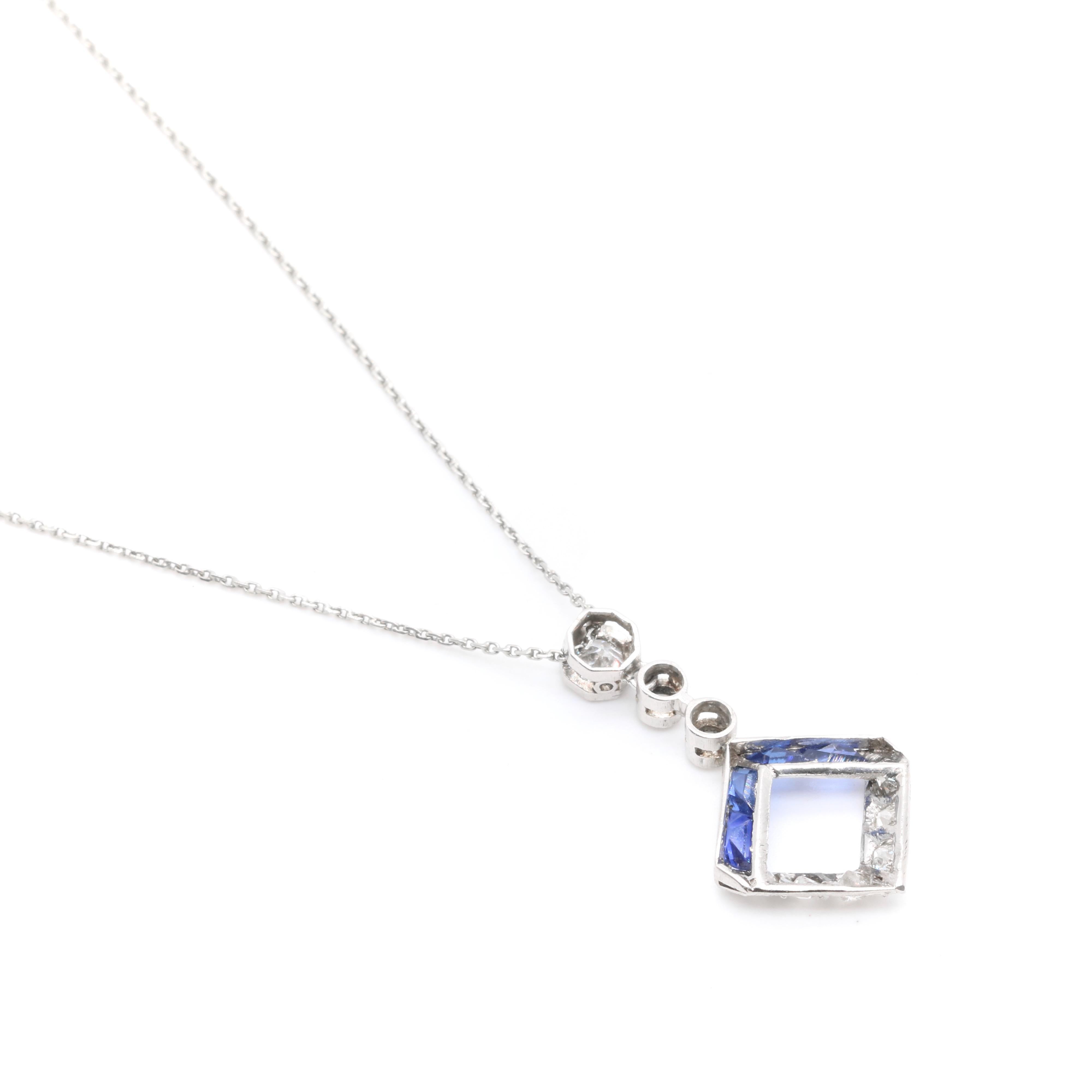 Art Deco 1920s Platinum & 18K Gold 1.12tgw Sapphire & Diamond Drop Necklace For Sale 5