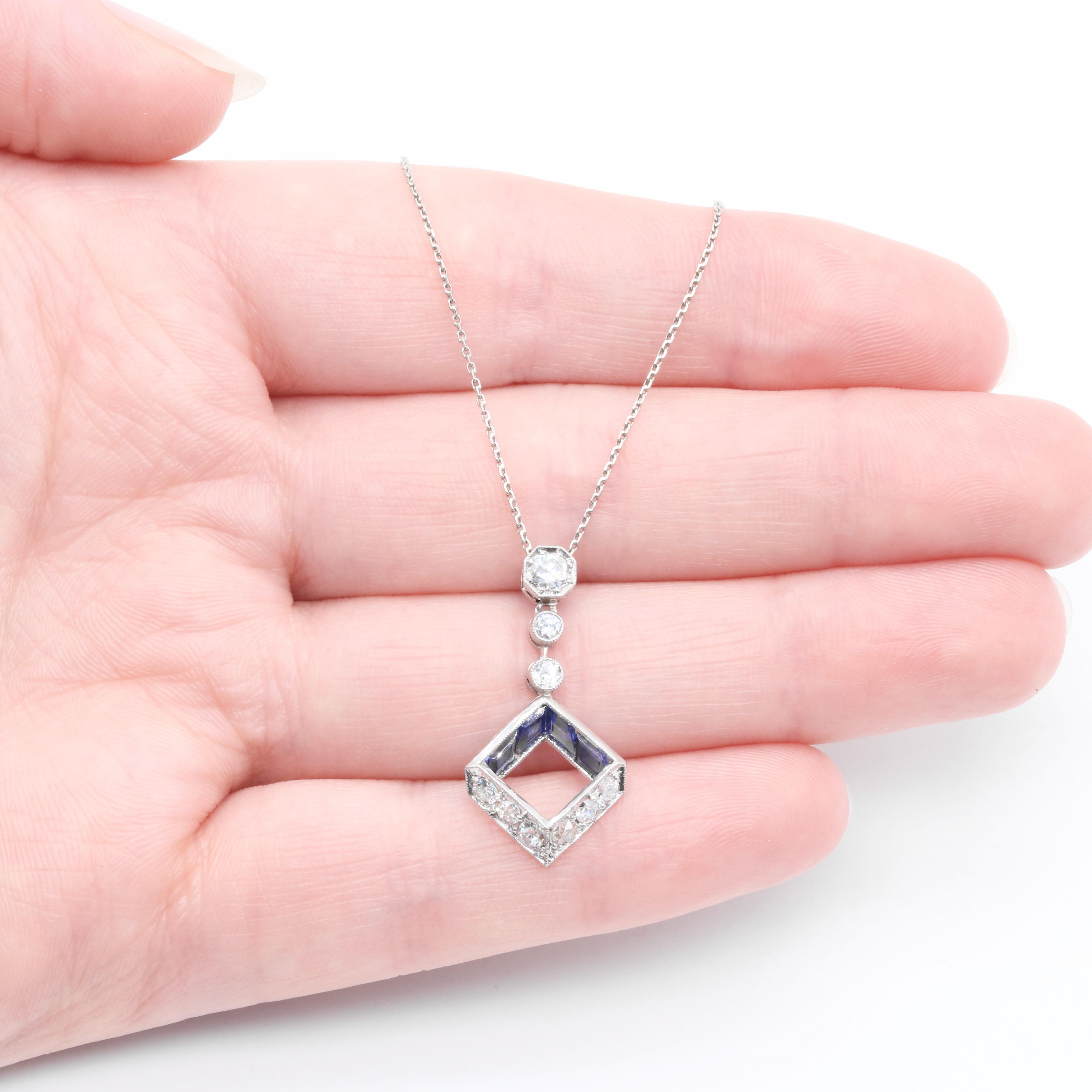 Collana Art Deco 1920 in platino e oro 18 carati con zaffiro e diamante da 1,12 tgw in vendita 5