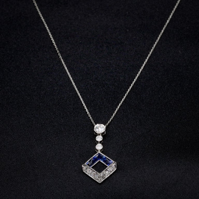 Pendentif Art Déco En Or Blanc 18k Serti Saphir Et Diamants Taille Rose - Circa 1920, Occasion