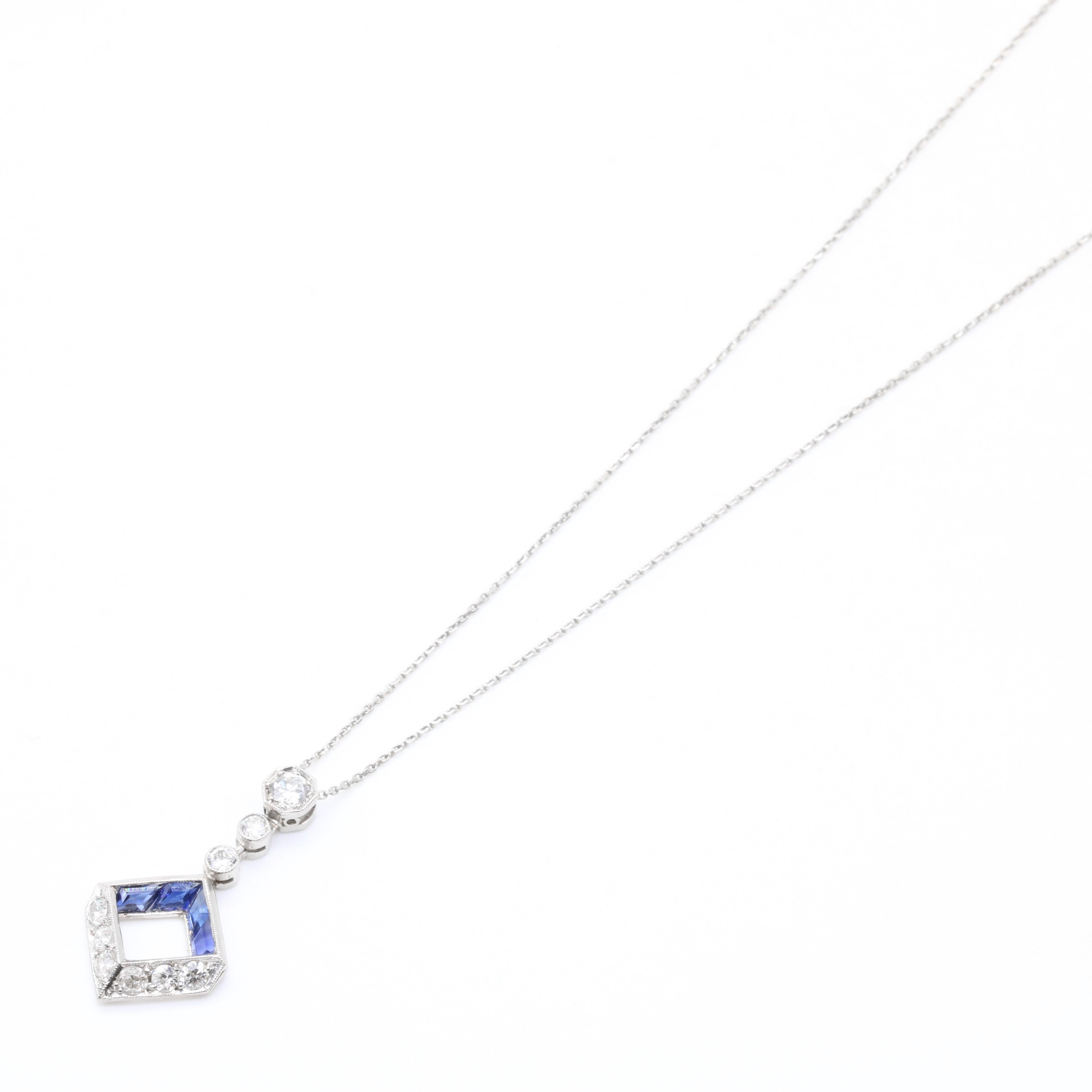 Art Deco 1920s Platinum & 18K Gold 1.12tgw Sapphire & Diamond Drop Necklace In Good Condition For Sale In Staines-Upon-Thames, GB