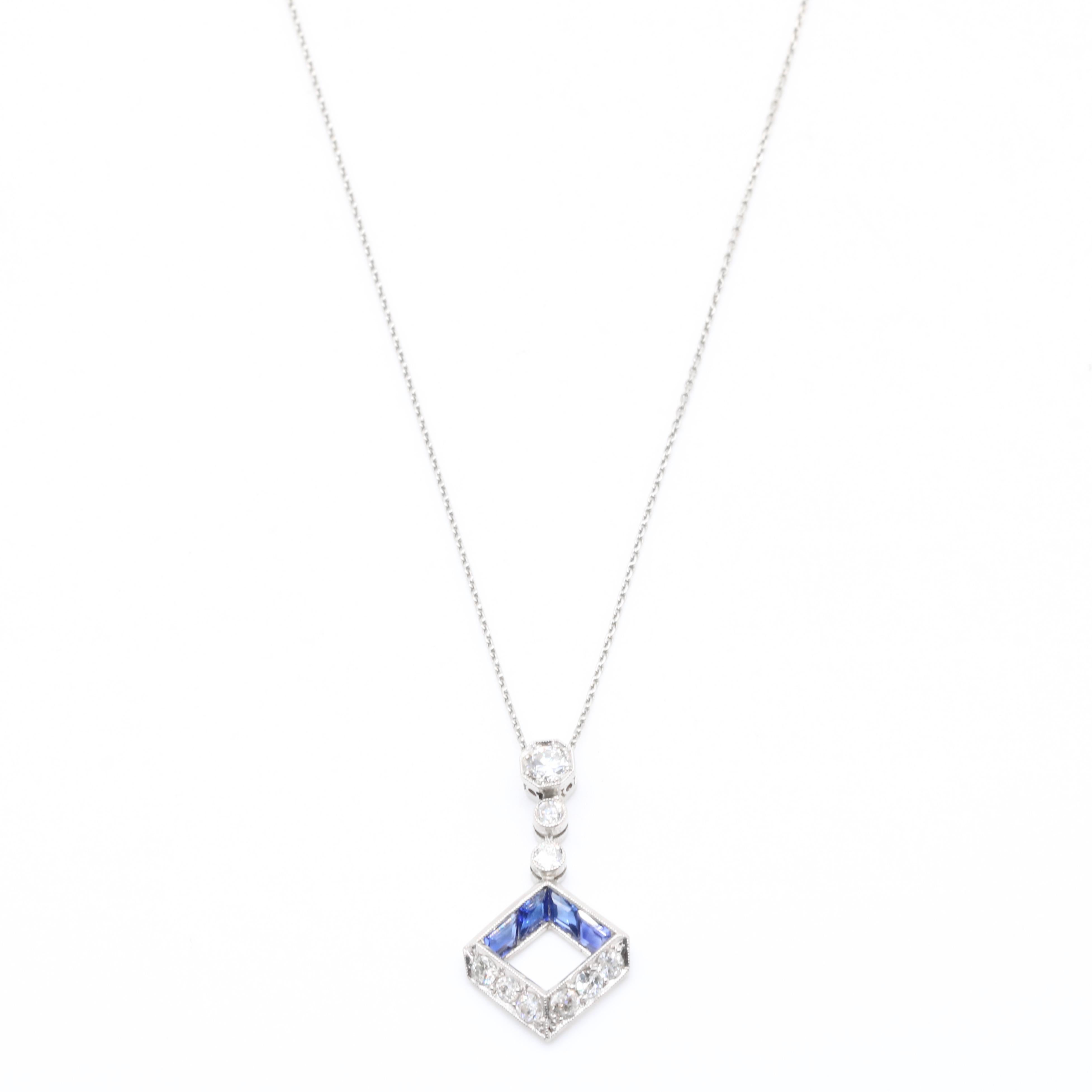 Women's or Men's Art Deco 1920s Platinum & 18K Gold 1.12tgw Sapphire & Diamond Drop Necklace For Sale