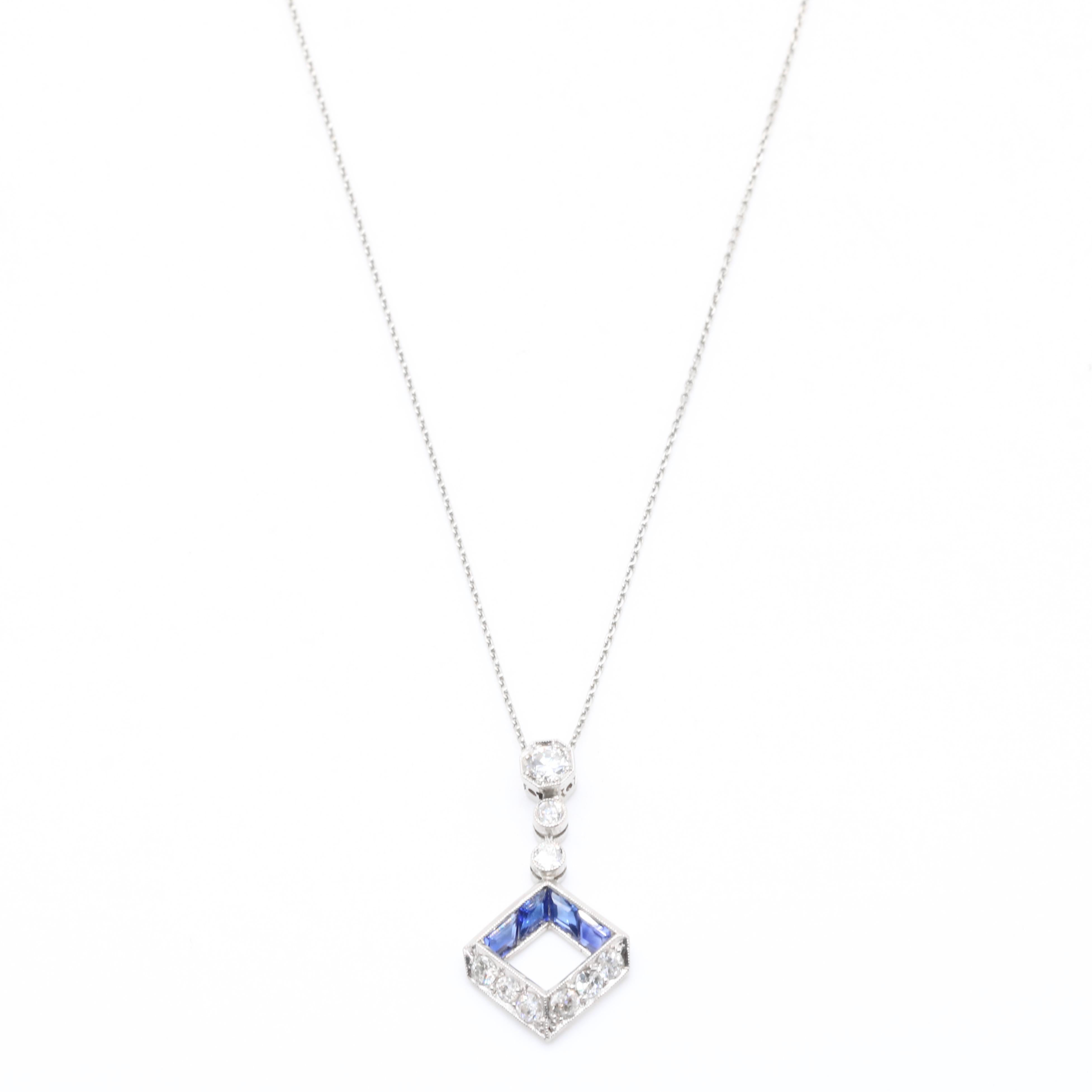 Collana Art Deco 1920 in platino e oro 18 carati con zaffiro e diamante da 1,12 tgw In condizioni buone in vendita a Staines-Upon-Thames, GB