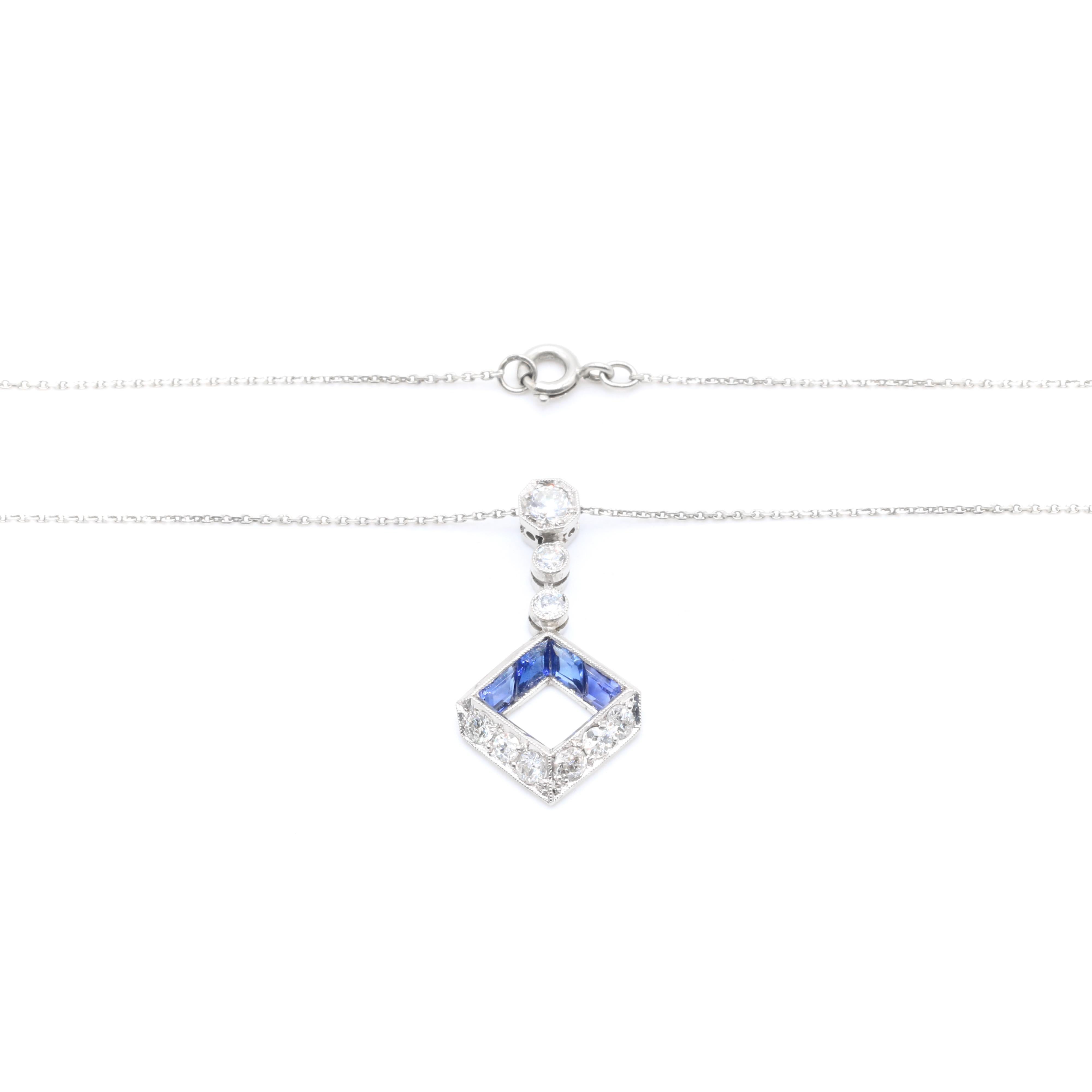 Art Deco 1920s Platinum & 18K Gold 1.12tgw Sapphire & Diamond Drop Necklace For Sale 1