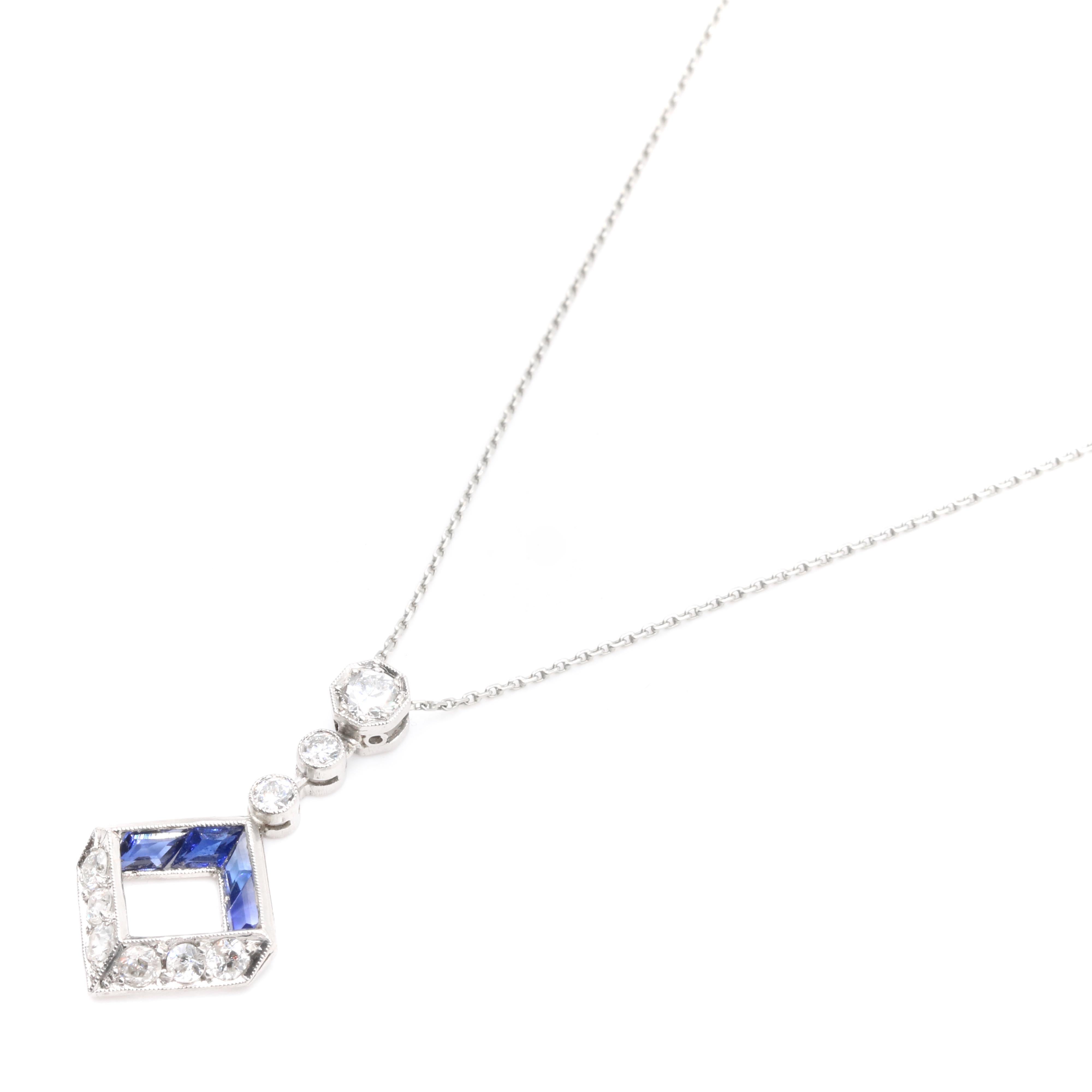 Art Deco 1920s Platinum & 18K Gold 1.12tgw Sapphire & Diamond Drop Necklace For Sale 2