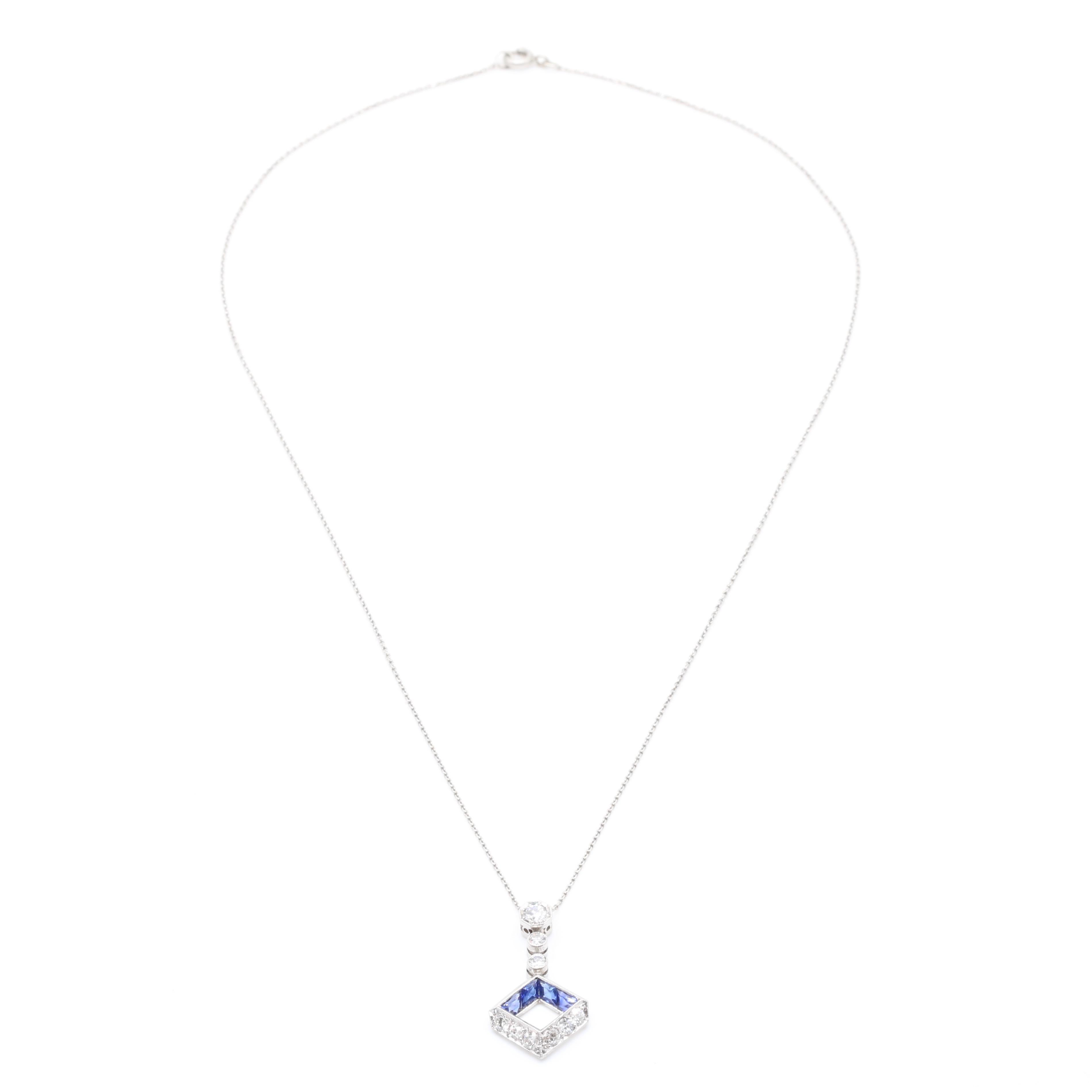 Art Deco 1920s Platinum & 18K Gold 1.12tgw Sapphire & Diamond Drop Necklace For Sale 4
