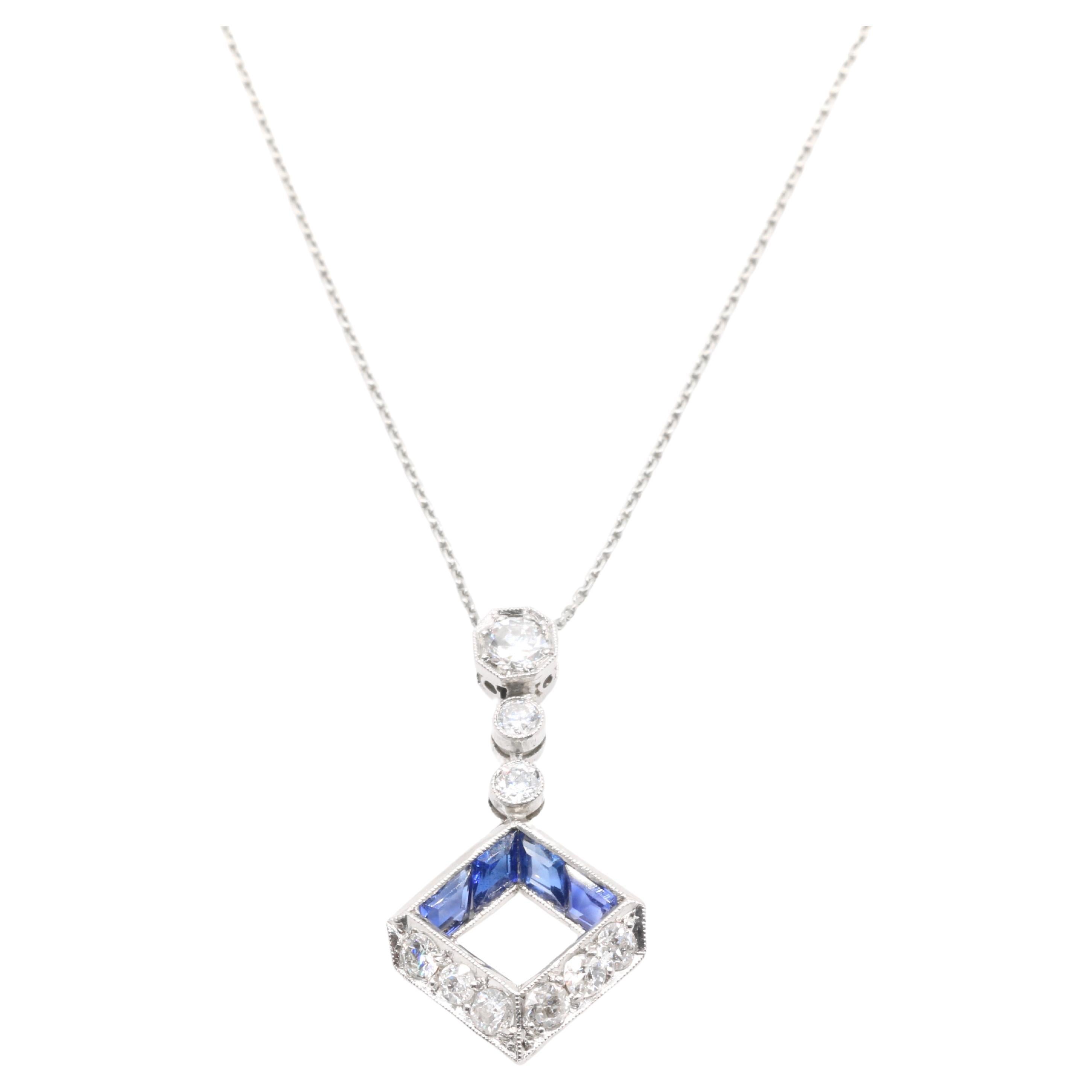 Art Deco 1920s Platinum & 18K Gold 1.12tgw Sapphire & Diamond Drop Necklace For Sale