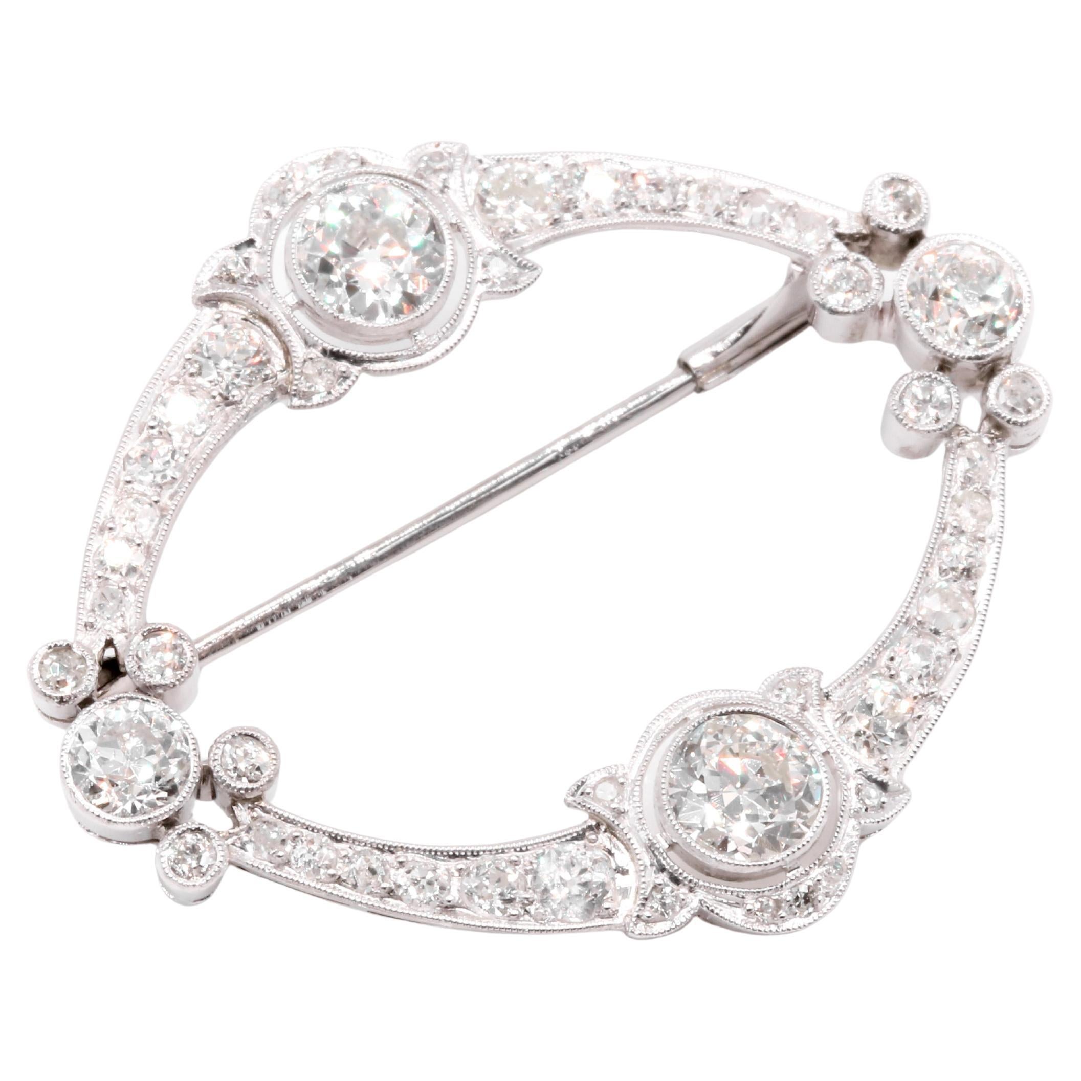 Art Deco 1920s Platinum 
18K Gold 3.5ctw Old European Cut Diamond Oval Brooch