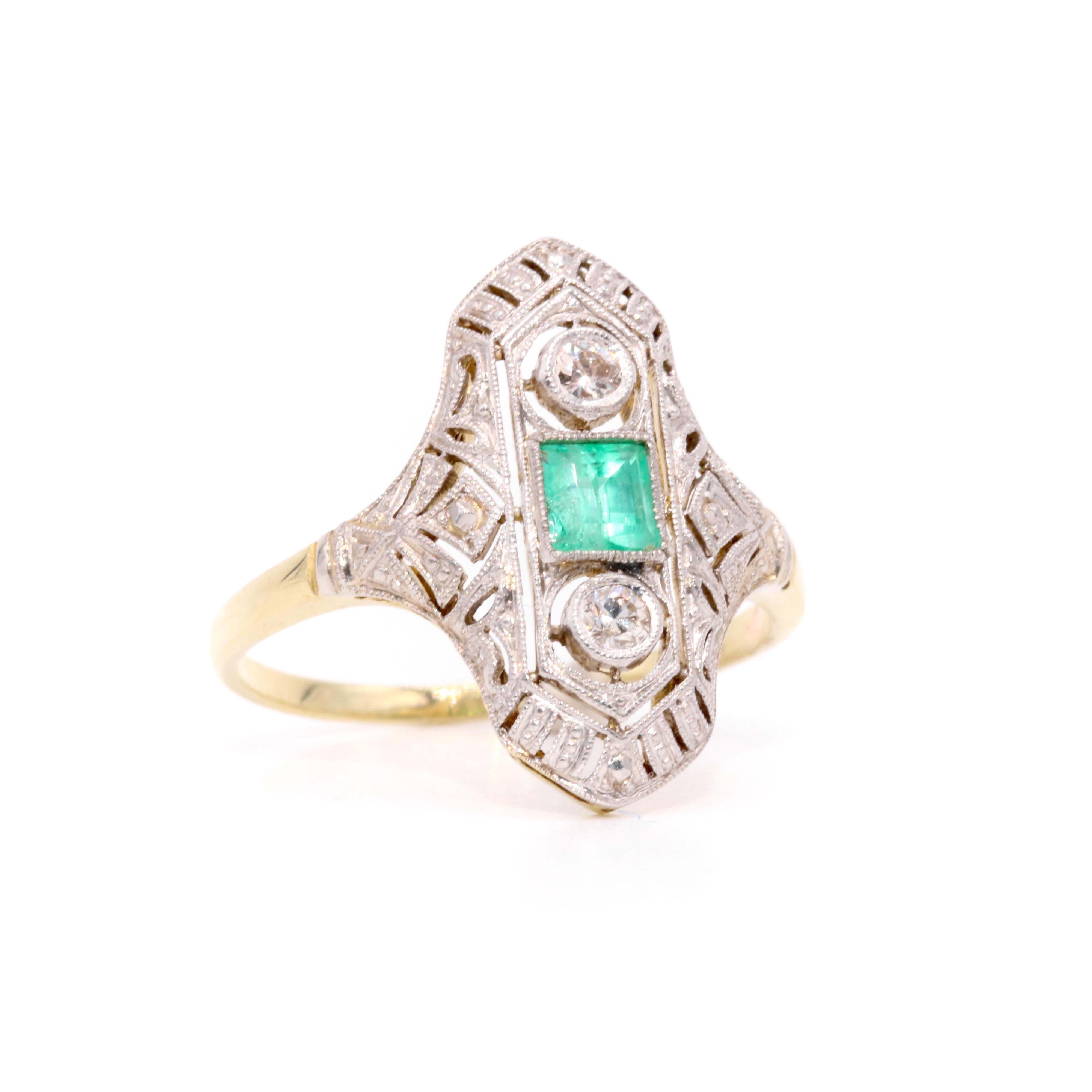Art Deco 1920s Platinum & 18K Yellow Gold Emerald & Diamond Panel Ring In Good Condition For Sale In Staines-Upon-Thames, GB