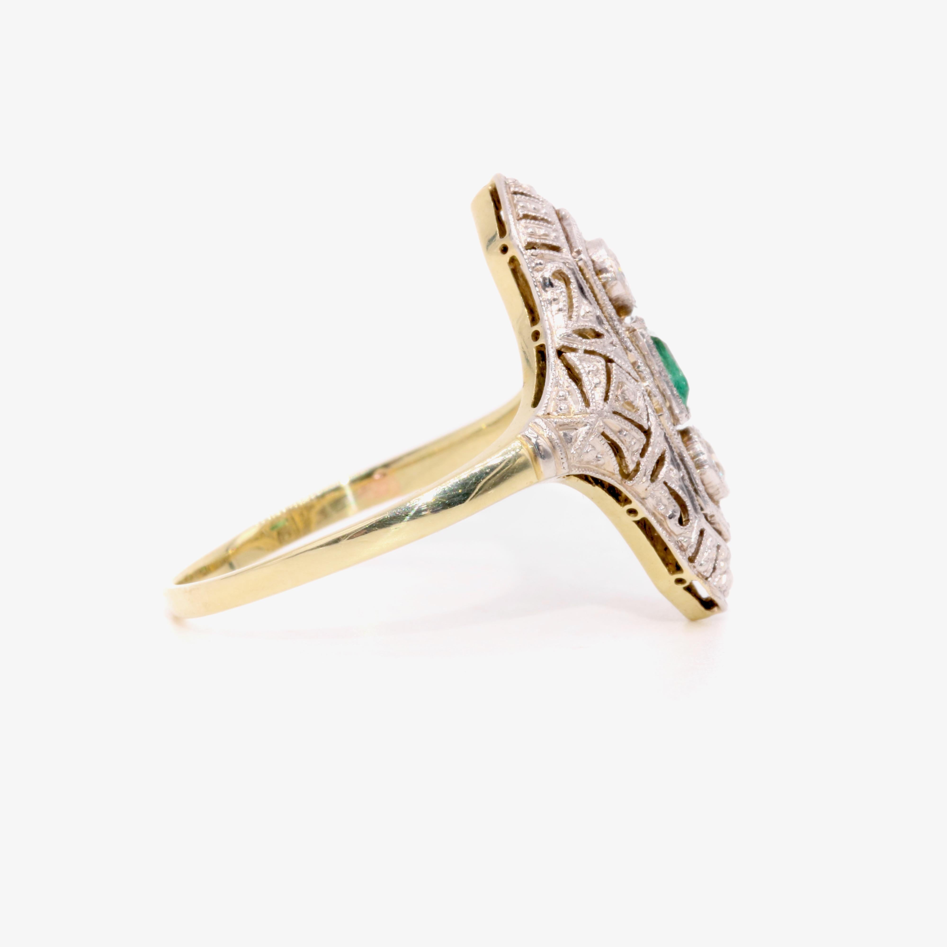 Art Deco 1920s Platinum & 18K Yellow Gold Emerald & Diamond Panel Ring For Sale 1