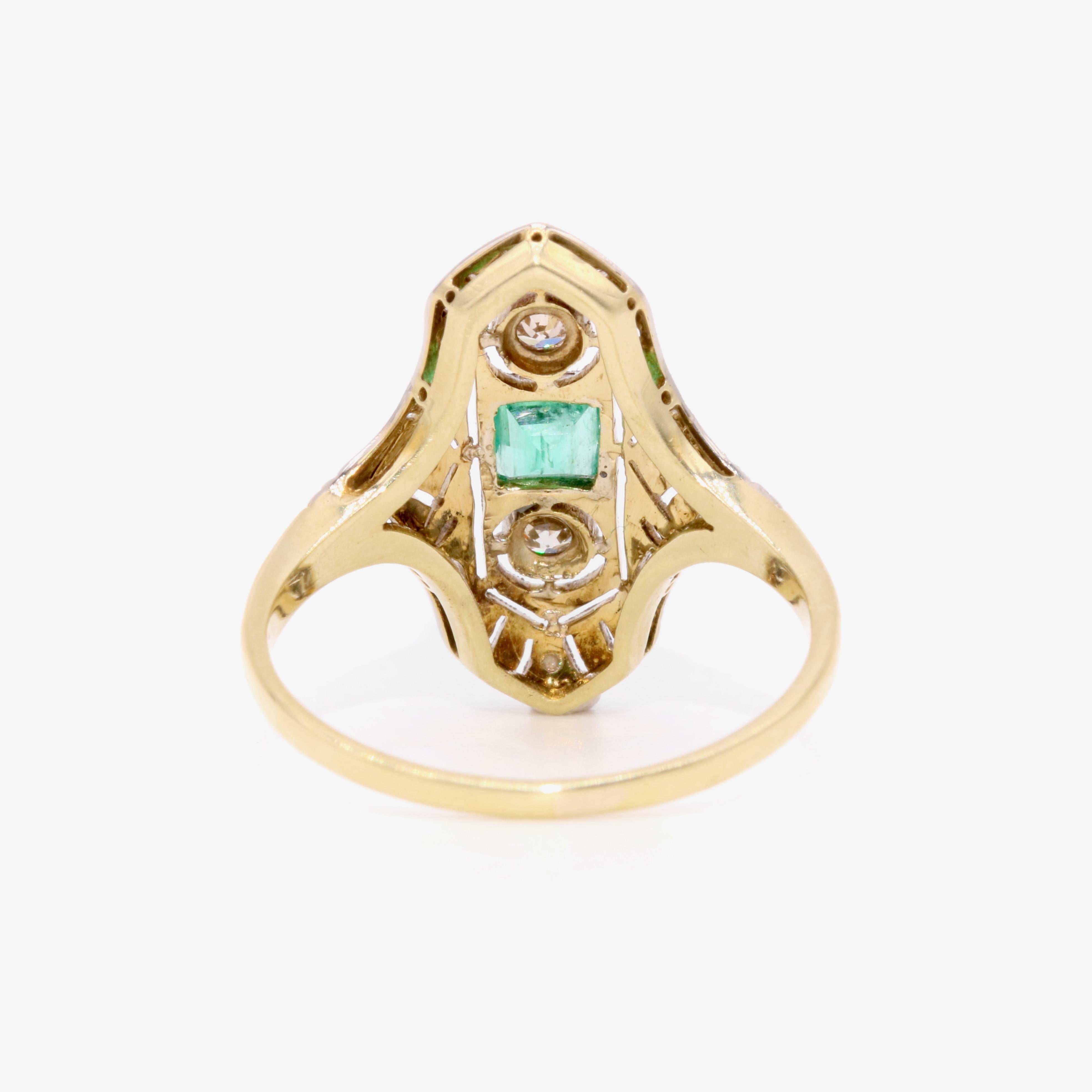 Art Deco 1920s Platinum & 18K Yellow Gold Emerald & Diamond Panel Ring For Sale 2