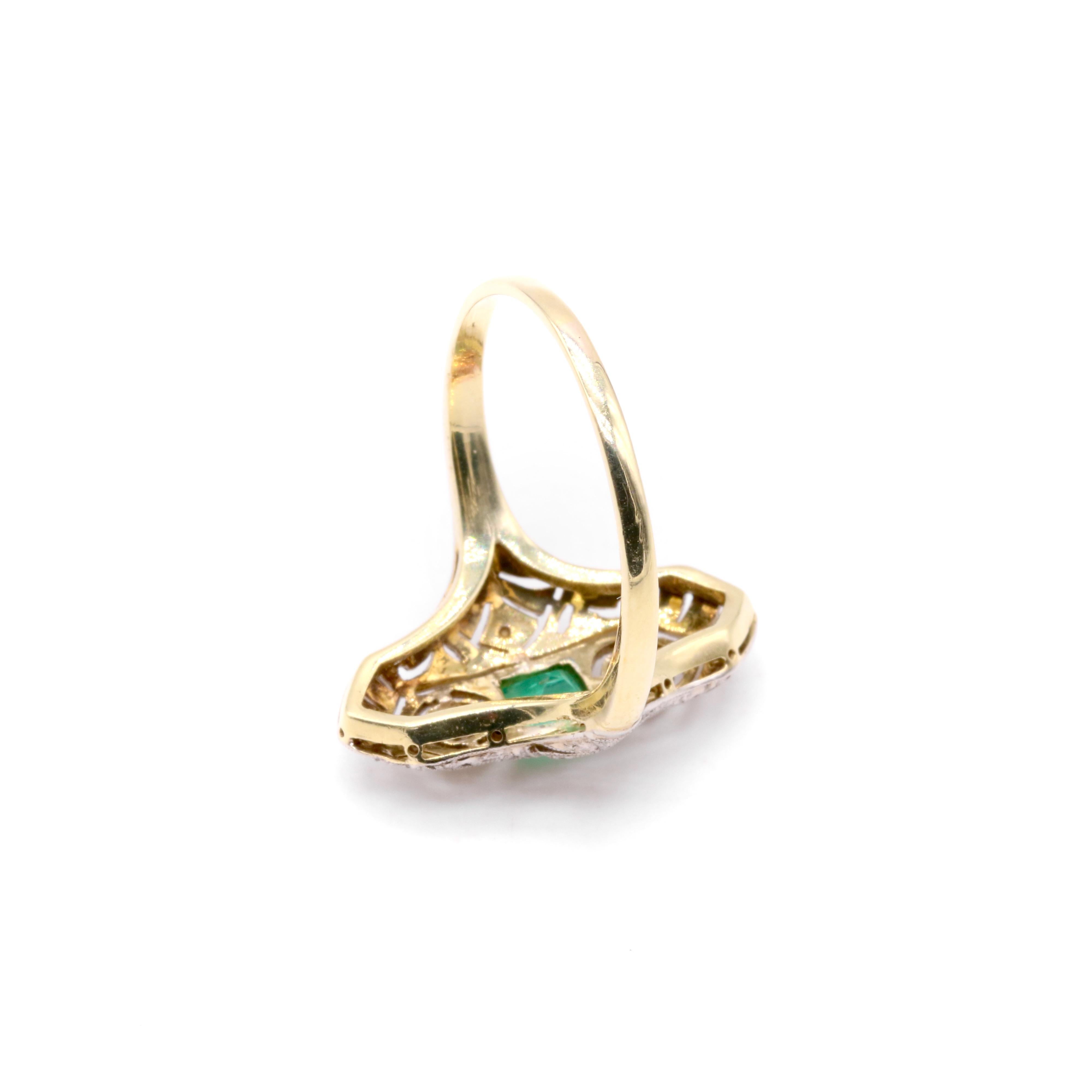 Art Deco 1920s Platinum & 18K Yellow Gold Emerald & Diamond Panel Ring For Sale 4