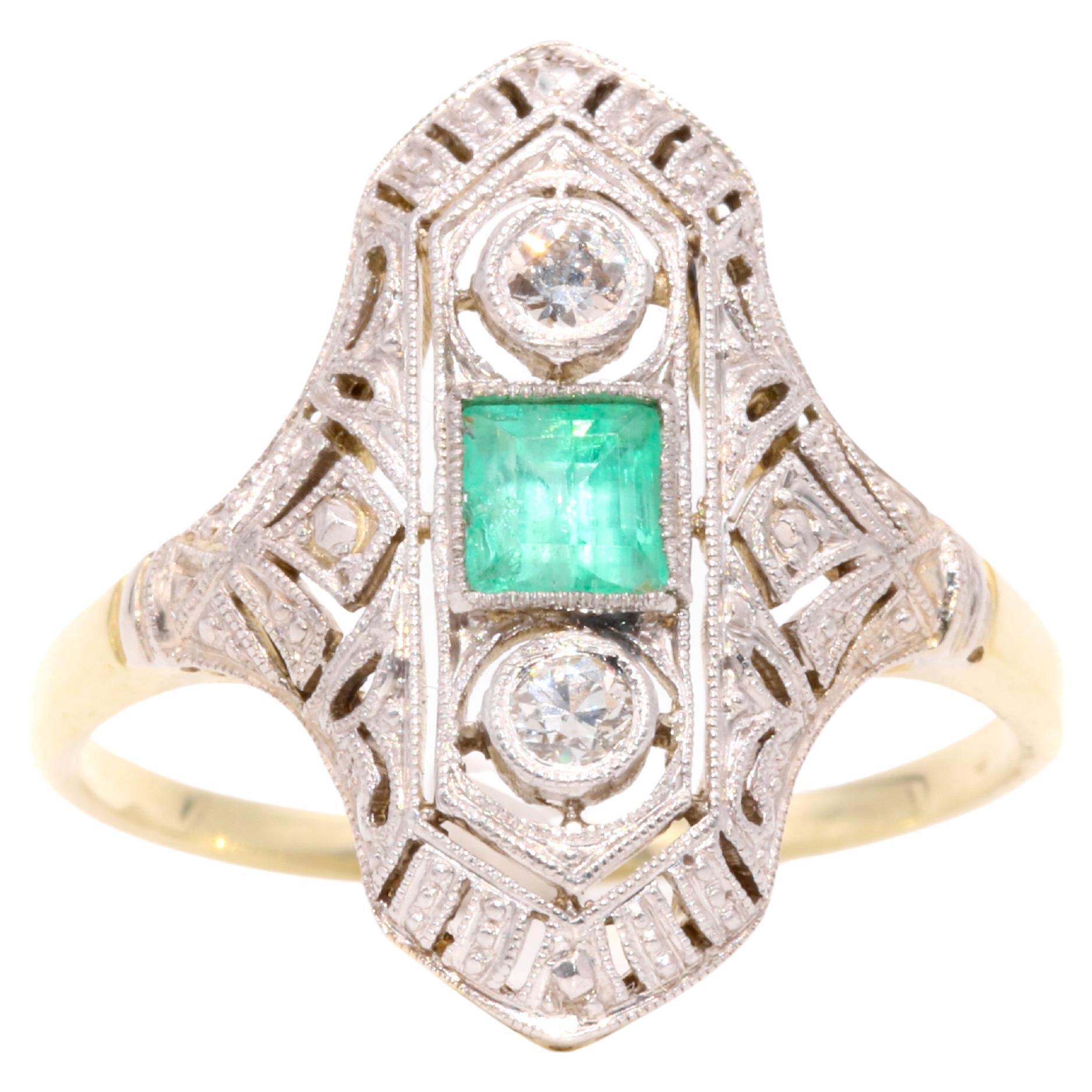 Art Deco 1920s Platinum & 18K Yellow Gold Emerald & Diamond Panel Ring For Sale