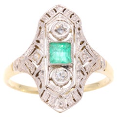 Antique Art Deco 1920s Platinum & 18K Yellow Gold Emerald & Diamond Panel Ring