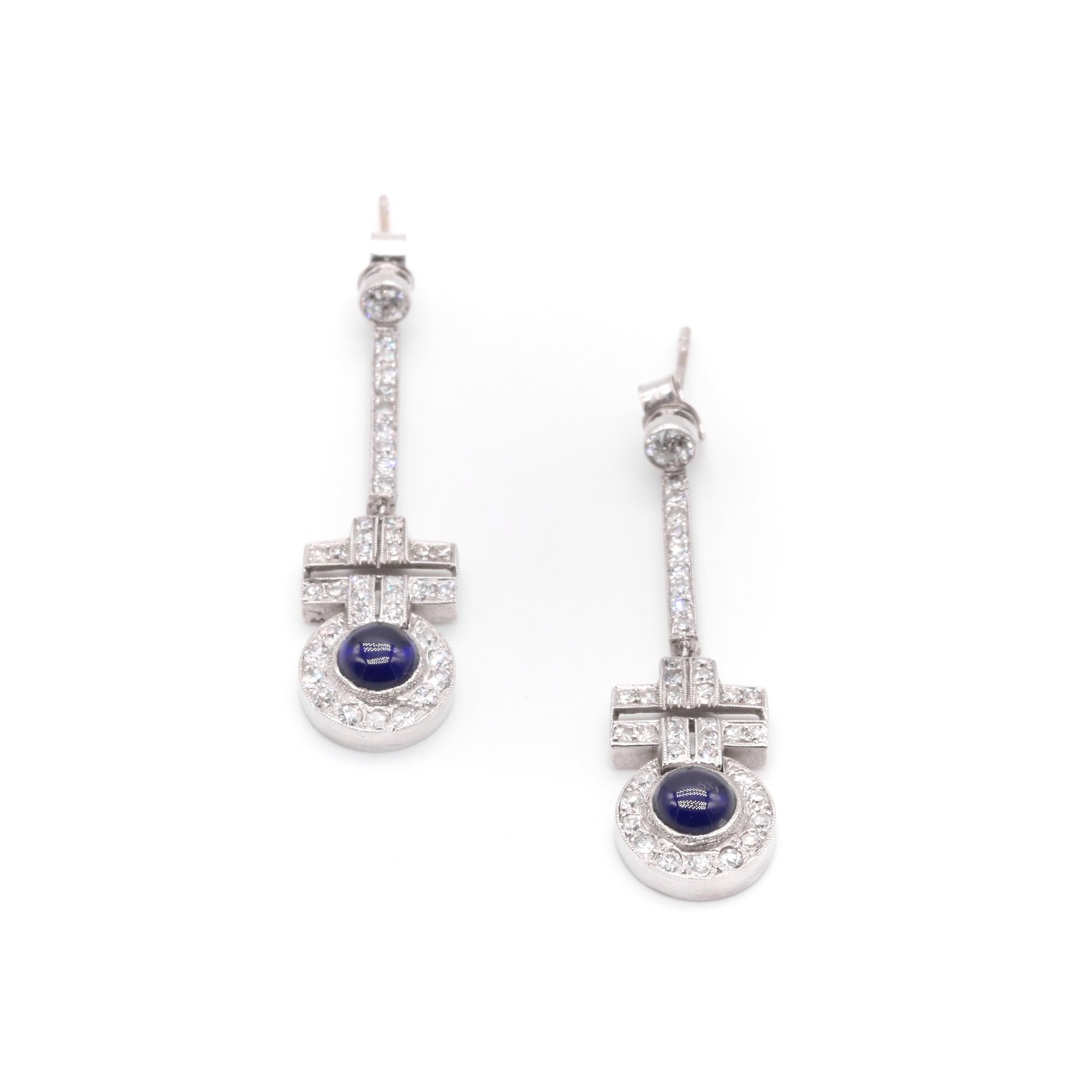 Art Deco 1920s Platinum 3.52tgw Cabochon Sapphire and Diamond Drop Earrings For Sale 1