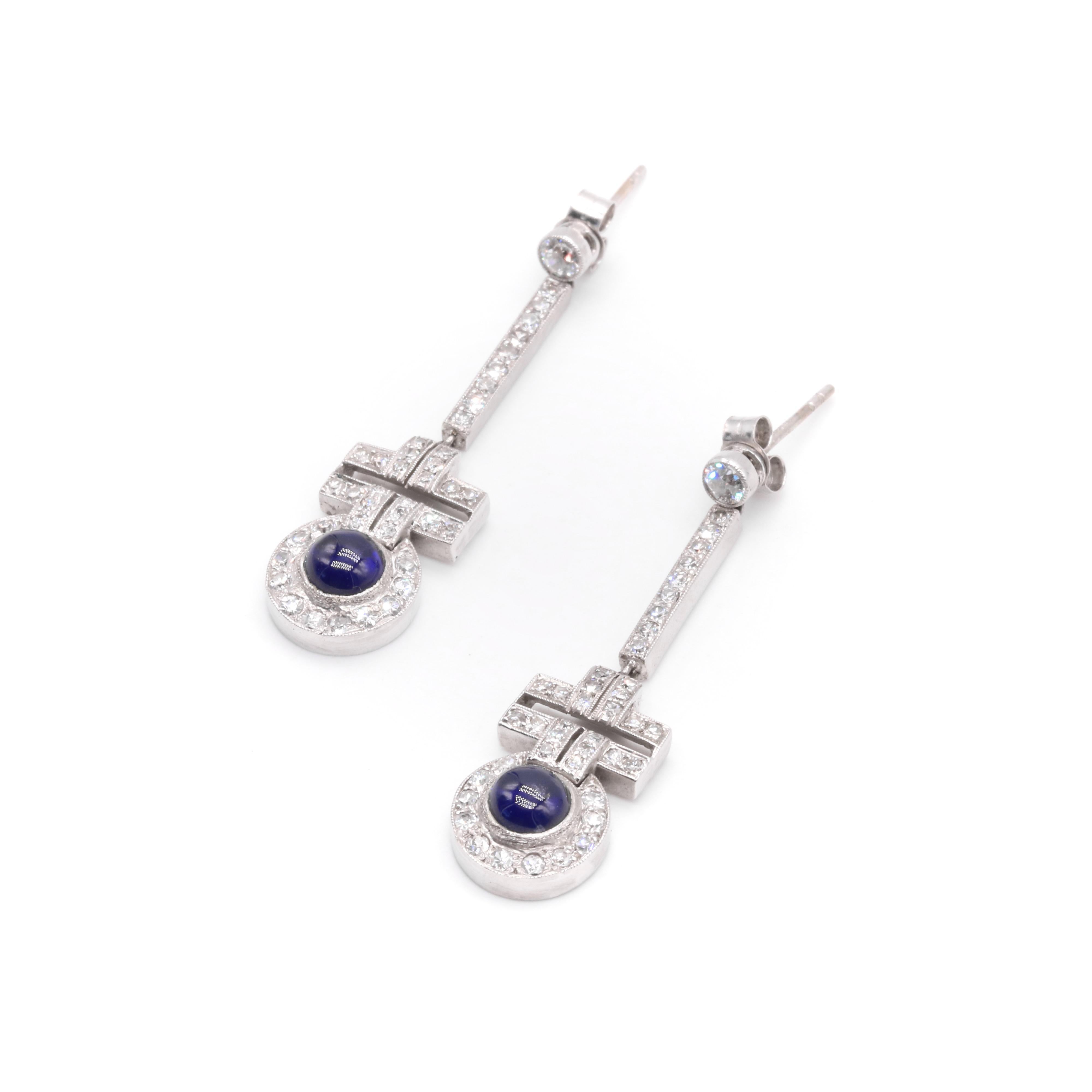 Art Deco 1920s Platinum 3.52tgw Cabochon Sapphire and Diamond Drop Earrings For Sale 2