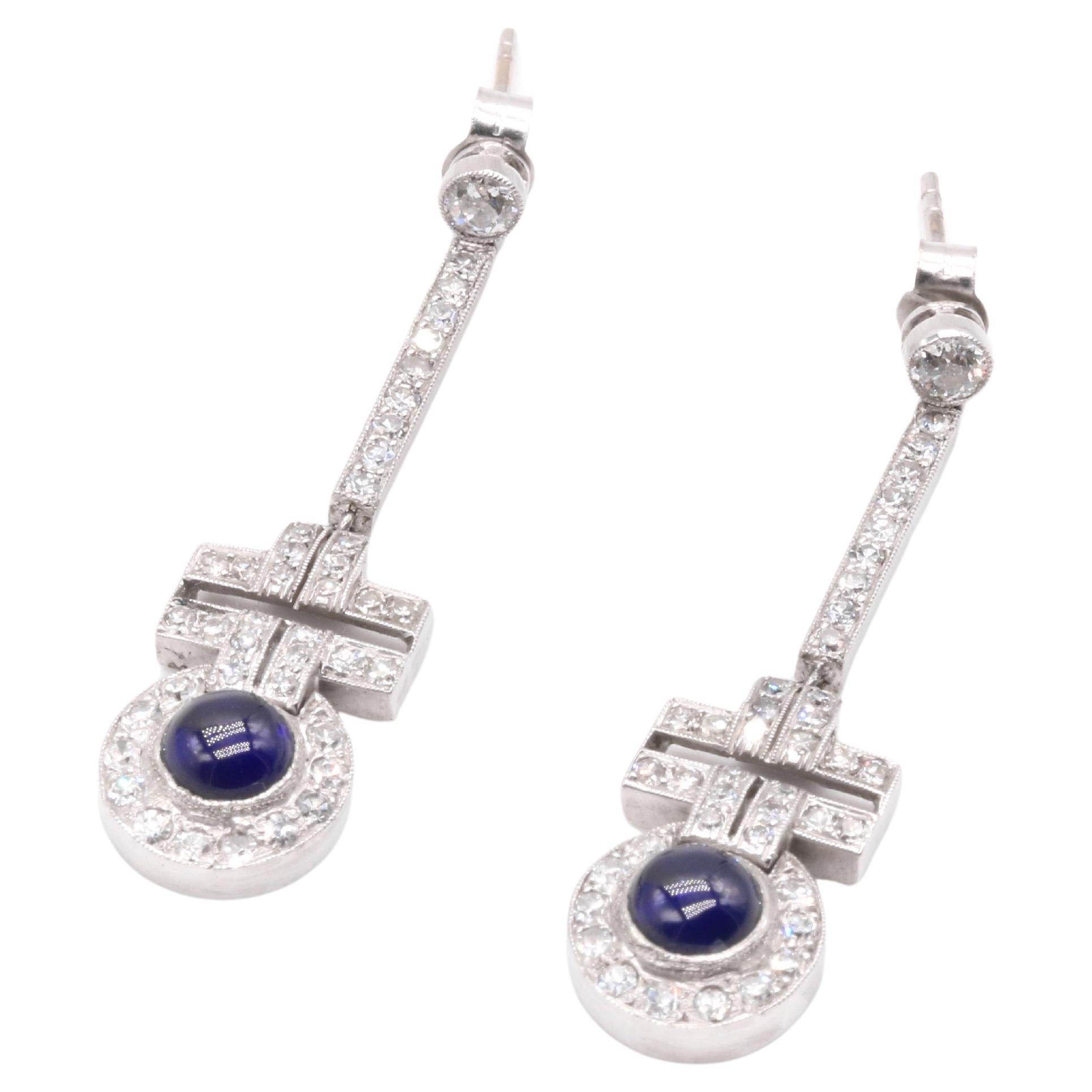 Art Deco 1920s Platinum 3.52tgw Cabochon Sapphire and Diamond Drop Earrings For Sale
