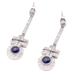 Art Deco 1920s Platinum 3.52tgw Cabochon Sapphire and Diamond Drop Earrings