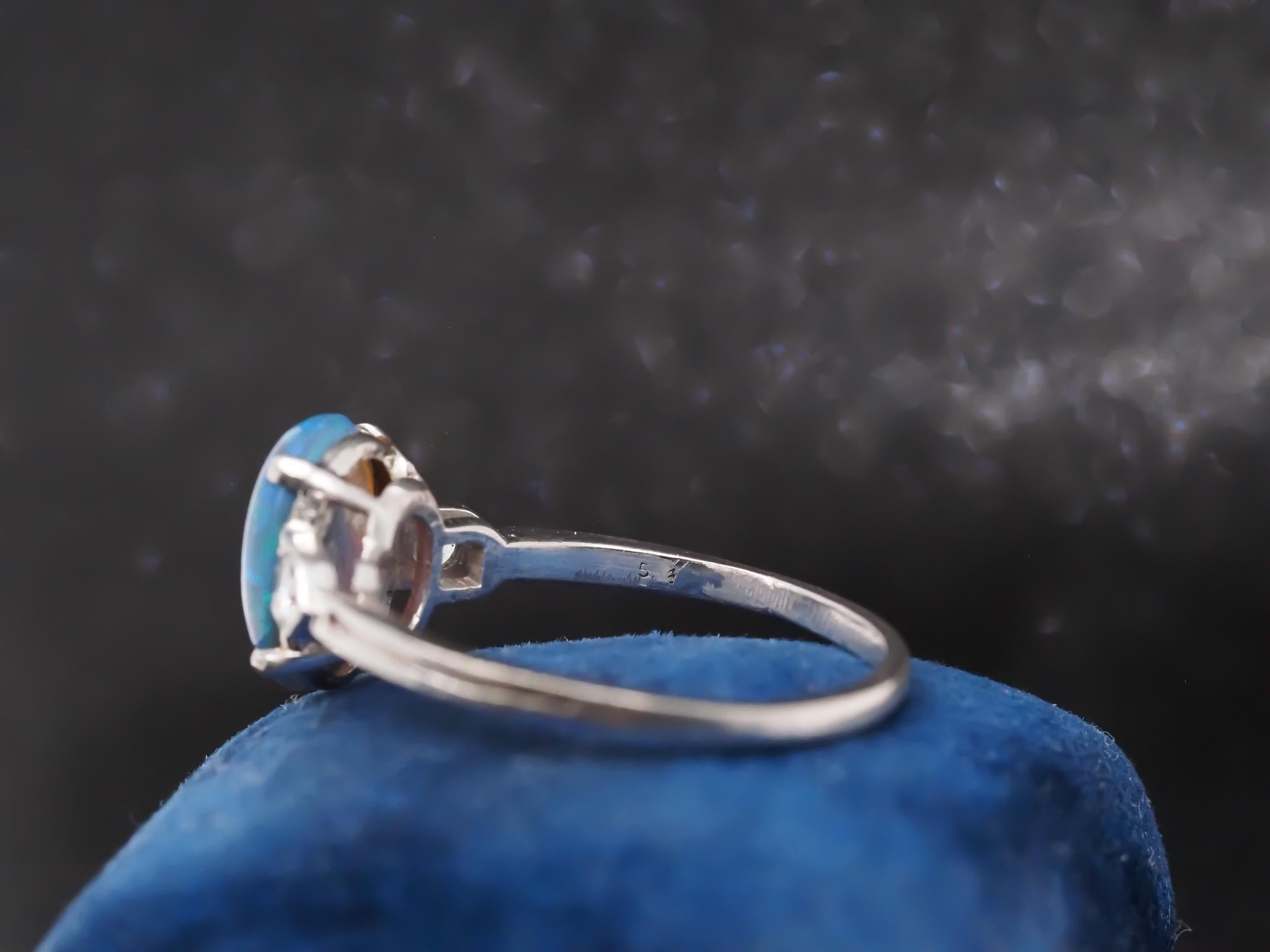 Old European Cut Art Deco 1920s Platinum Black Opal and Diamond Ring For Sale