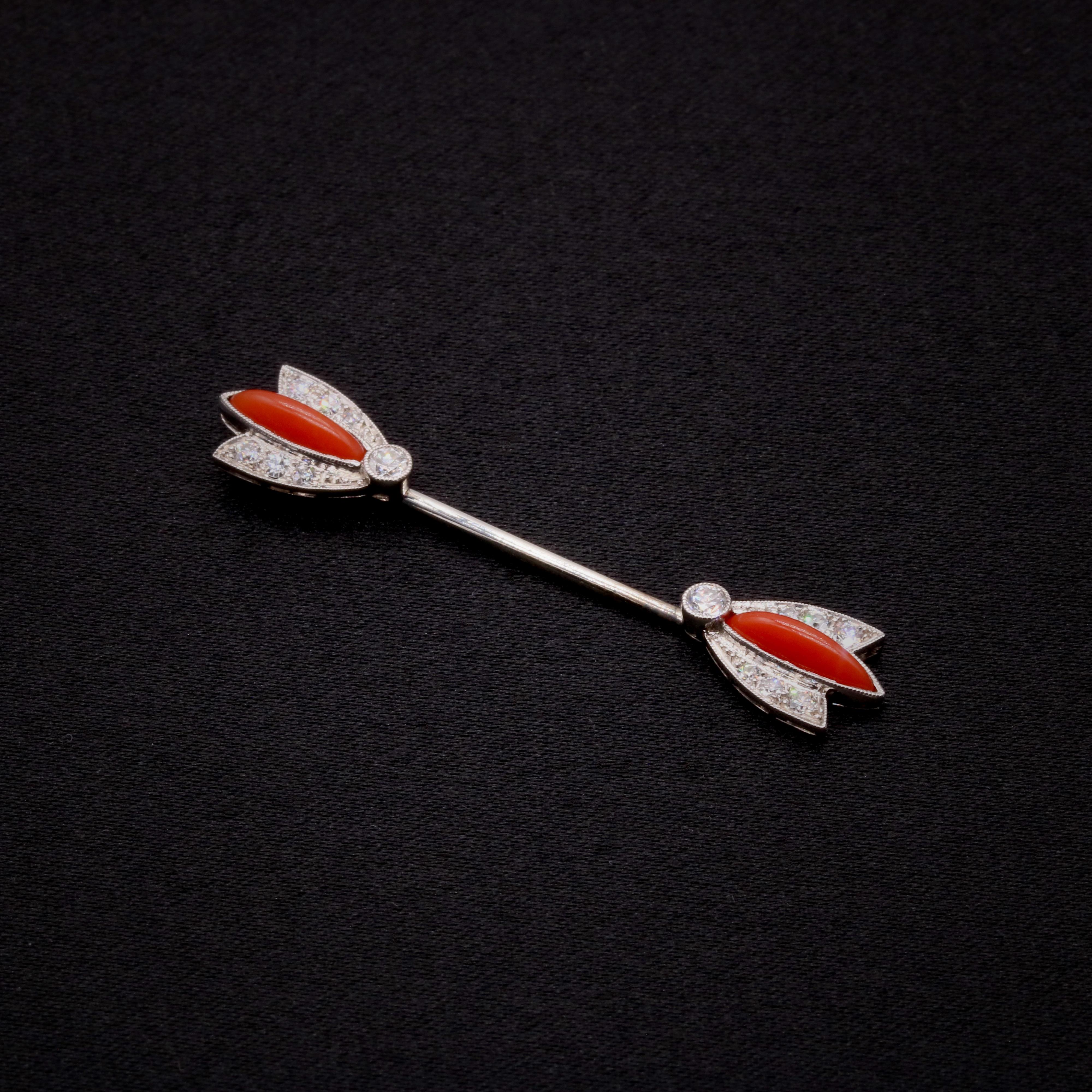 Round Cut Art Deco 1920s Platinum Coral and Transitional Cut Diamond Jabot Pin For Sale