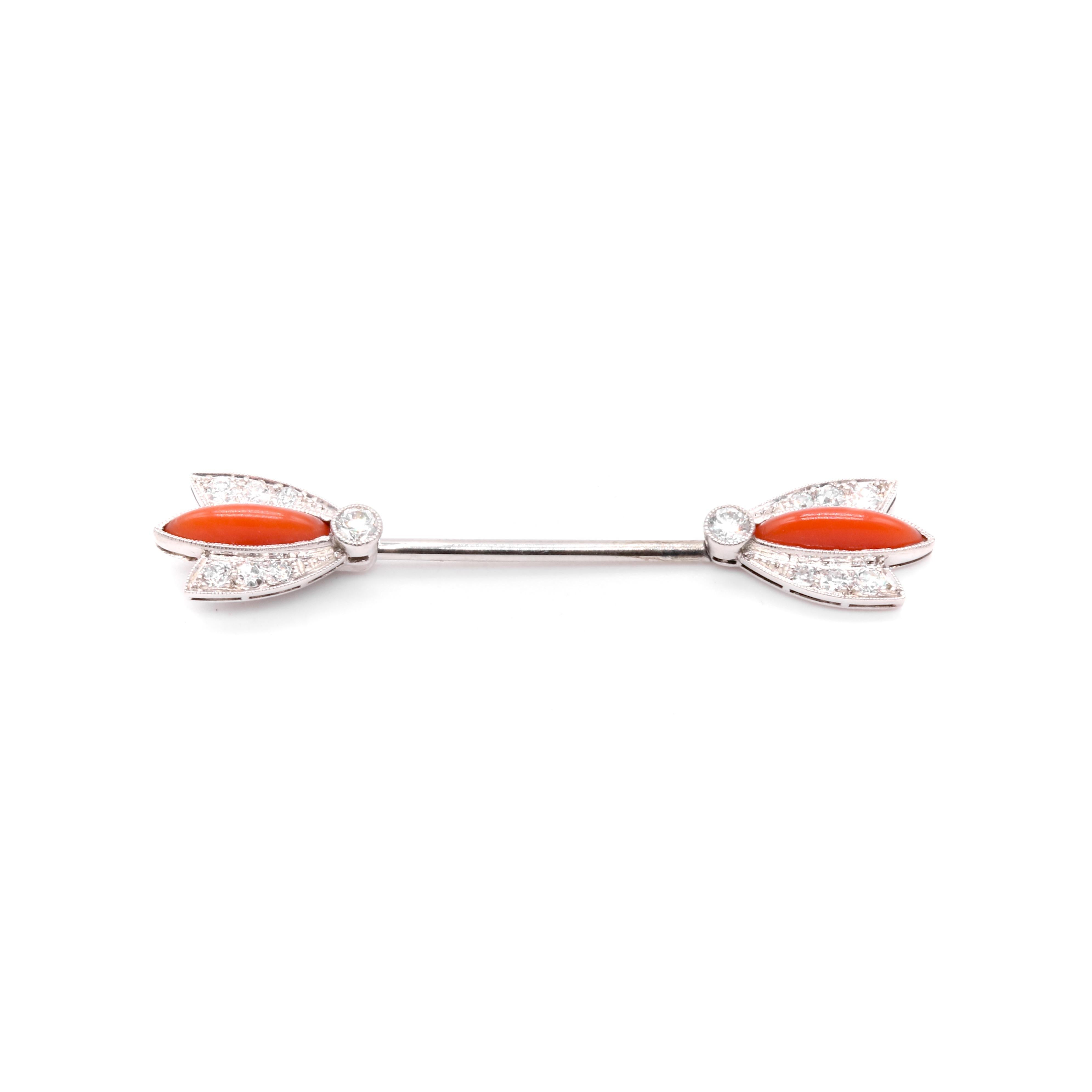 Art Deco 1920s Platinum Coral and Transitional Cut Diamond Jabot Pin In Good Condition For Sale In Staines-Upon-Thames, GB